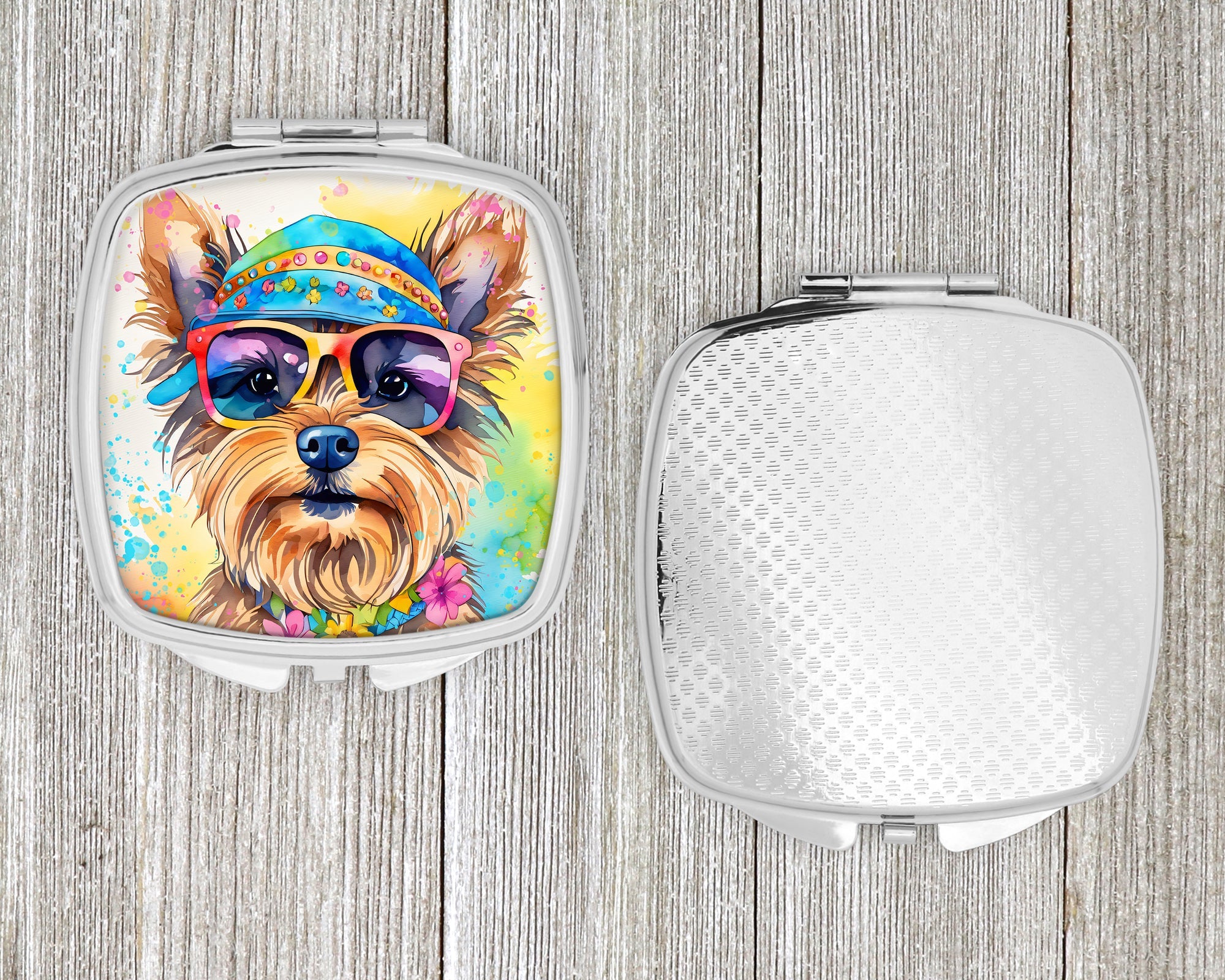 Yorkshire Terrier Hippie Dawg Compact Mirror Decorative Travel Makeup Mirror for Women Girls Gifts Pocket Makeup Mirror Folding Handheld