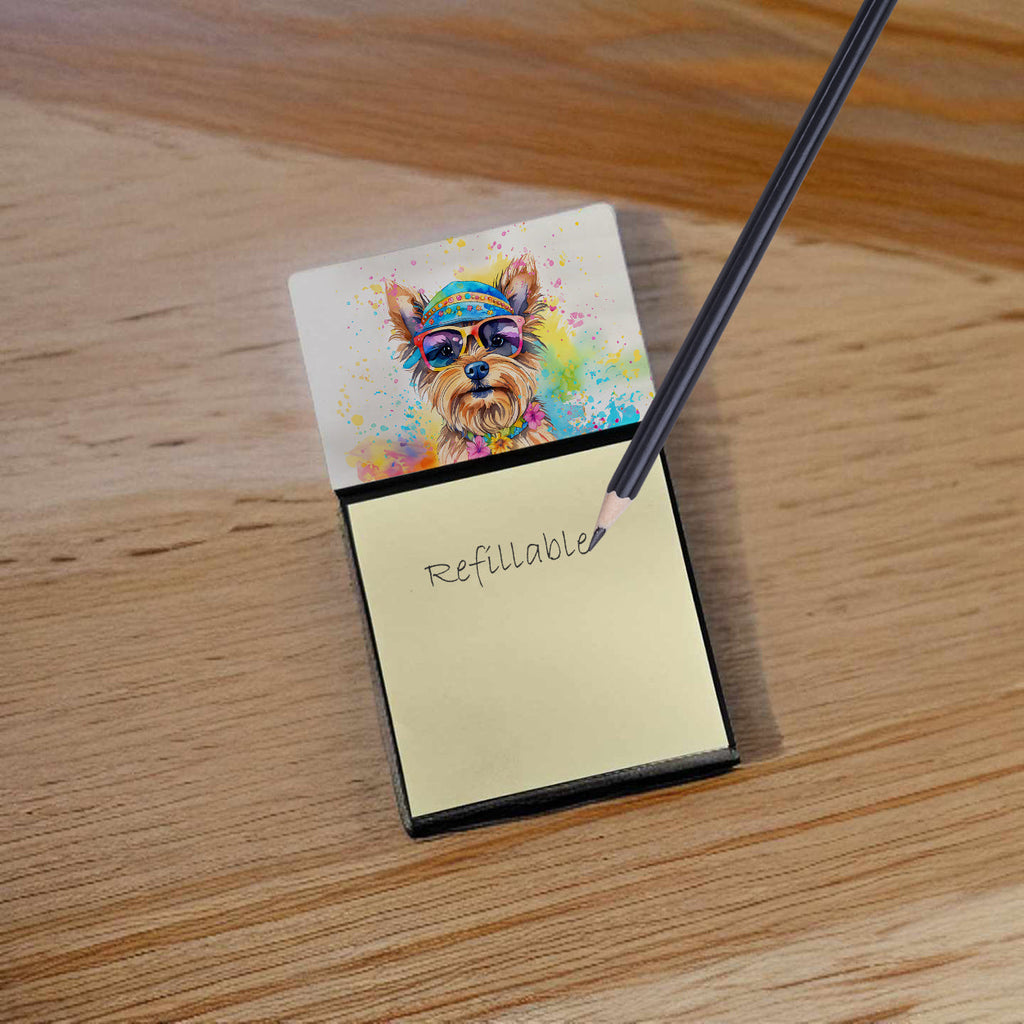 Yorkshire Terrier Hippie Dawg Watercolor Sticky Note Holder Refillable Dispenser Desk Accessory 3x3 Pad Gift