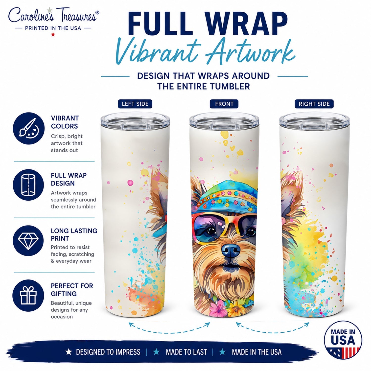 Yorkshire Terrier Hippie Dawg Stainless Steel Skinny Tumbler 20 oz Vacuum Double Walled Reusable Insulated Travel Cup