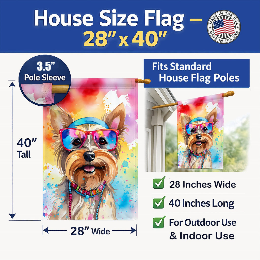 Yorkshire Terrier Hippie Dawg House Flag 28x40 Porch Sleeve Pole Decorative Outside Yard Banner Artwork Wall Hanging, Polyester