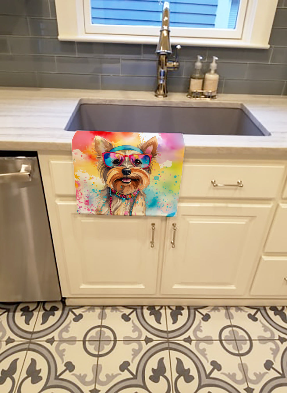 Yorkshire Terrier Hippie Dawg Kitchen Towel Velour Plush Front and Cotton Loop Back Machine Washable