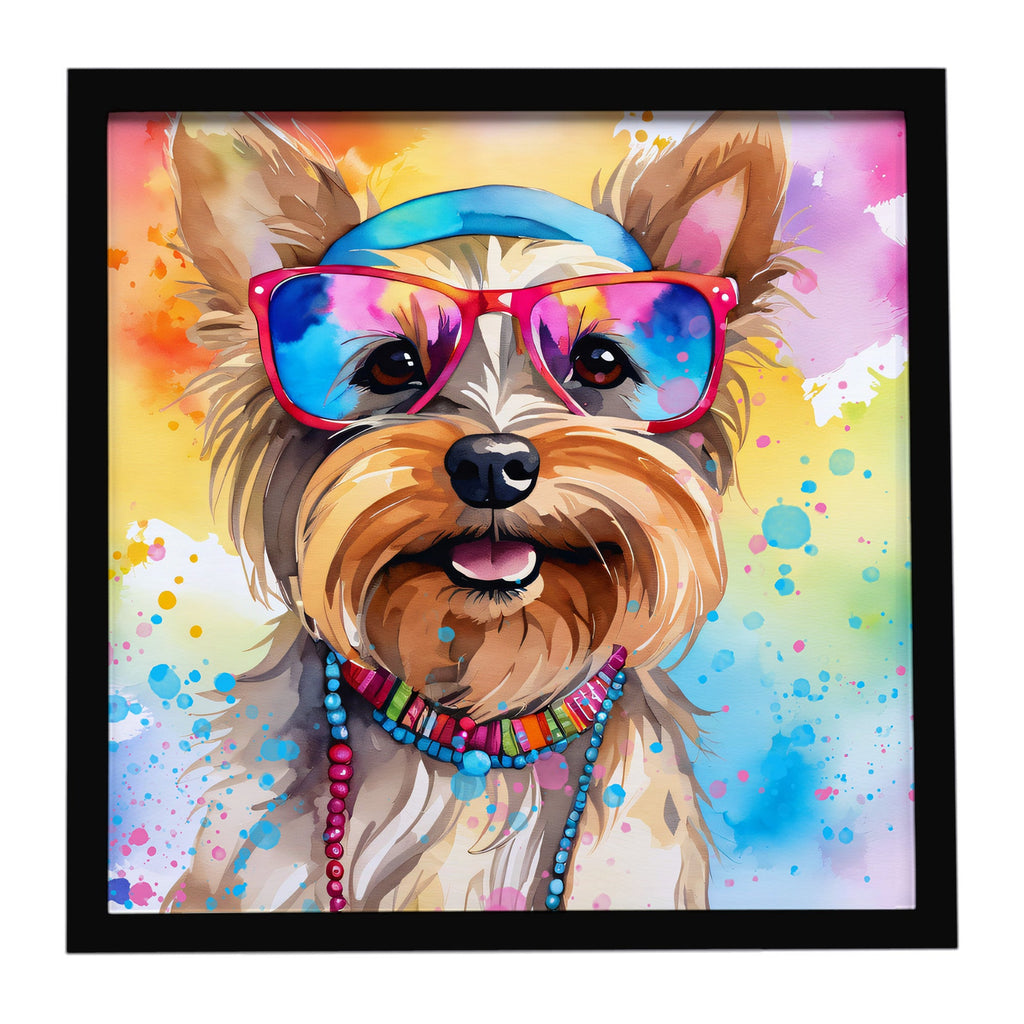 Yorkshire Terrier Hippie Dawg Framed Metal Print Bathroom, Kitchen, Office, Home Decor Wall Art Ready to Hang, Square, 8X8