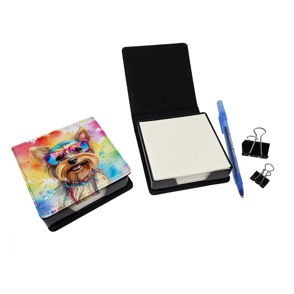 Yorkshire Terrier Hippie Dawg PU Leather Note Paper Holder with Artist-Designed Cover, Desk Accessory, Office Gift