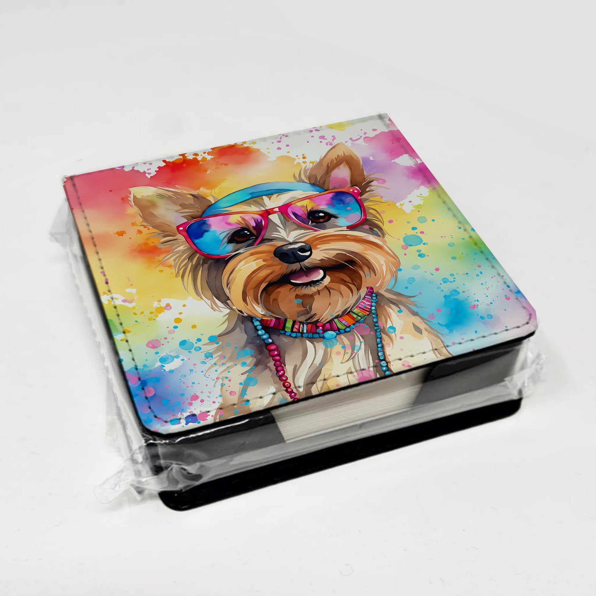 Yorkshire Terrier Hippie Dawg PU Leather Note Paper Holder with Artist-Designed Cover, Desk Accessory, Office Gift