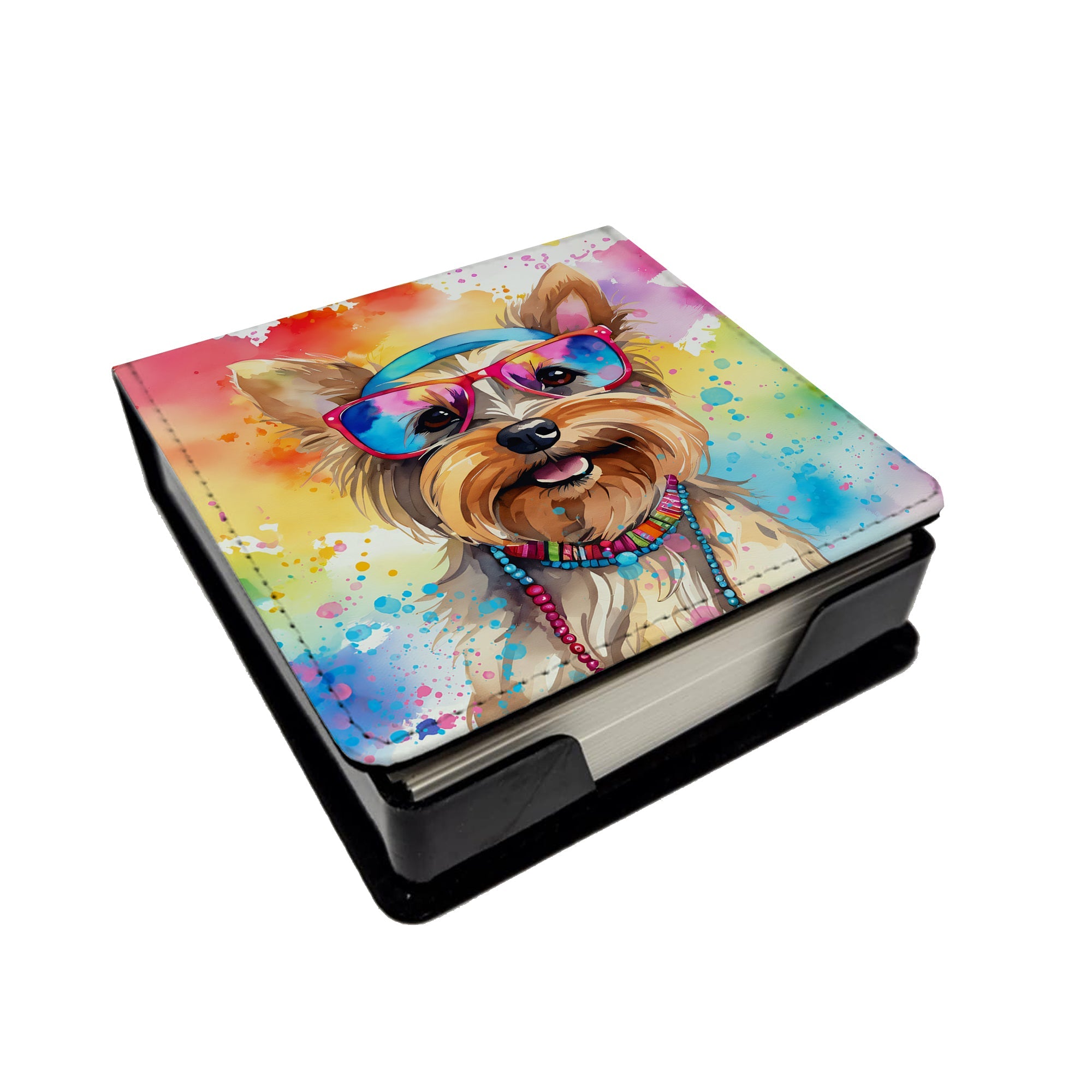 Yorkshire Terrier Hippie Dawg PU Leather Note Paper Holder with Artist-Designed Cover, Desk Accessory, Office Gift
