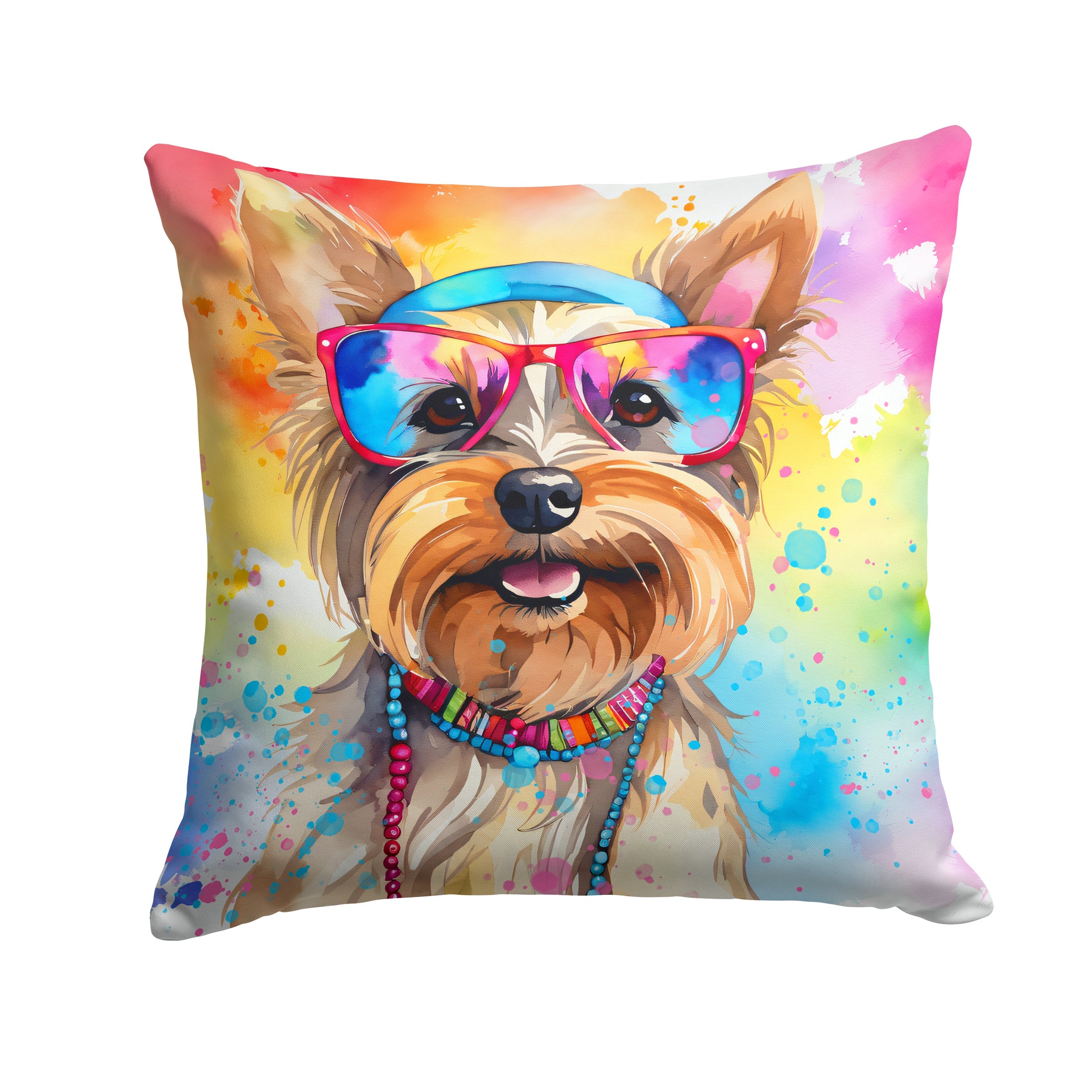 Yorkshire Terrier Hippie Dawg Decorative Throw Pillow 14x14 Indoor Outdoor Accent Cushion, Fabric Cover with Insert for Sofa, Bed, Porch & Living Room