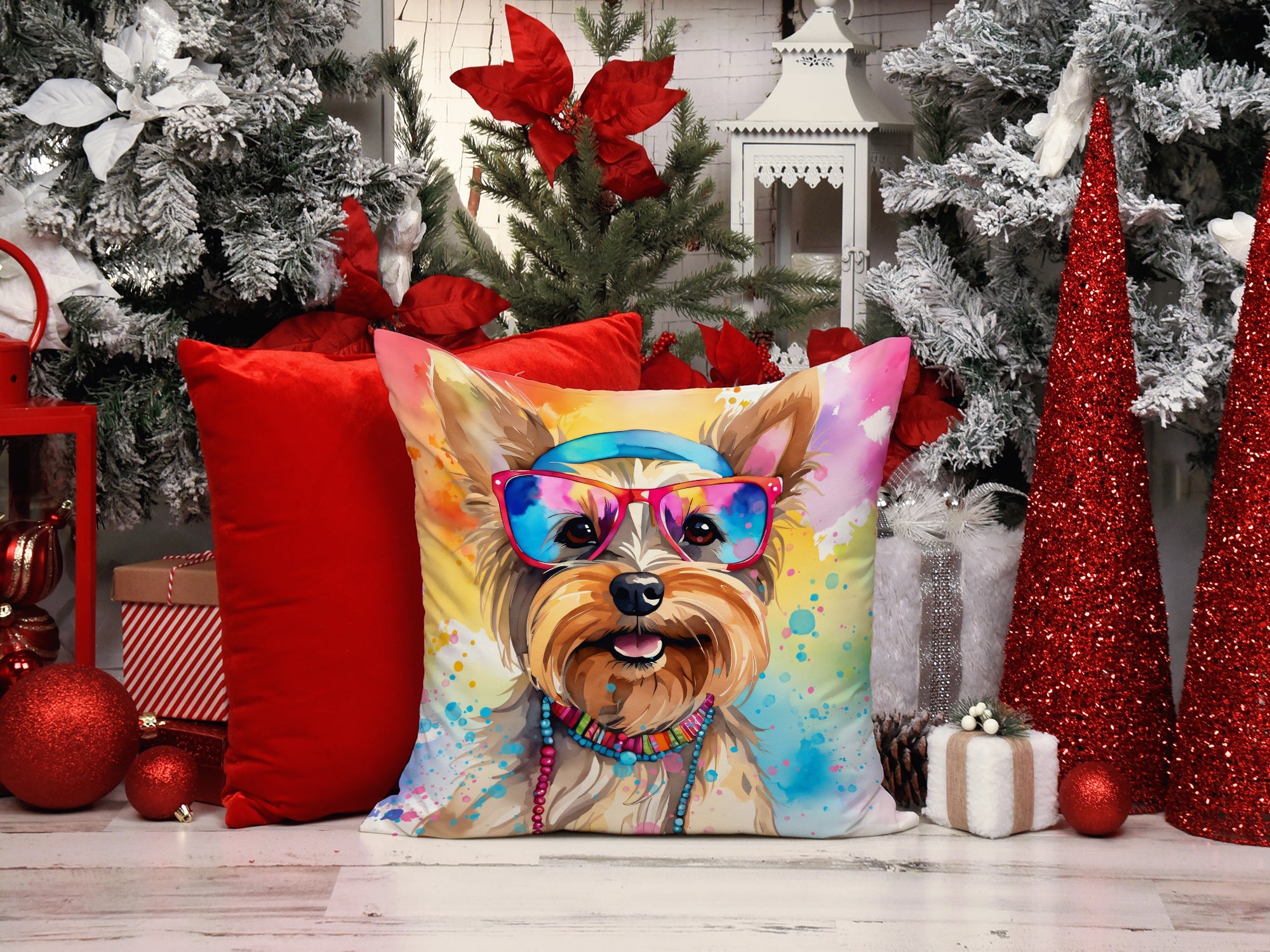 Yorkshire Terrier Hippie Dawg Decorative Throw Pillow 14x14 Indoor Outdoor Accent Cushion, Fabric Cover with Insert for Sofa, Bed, Porch & Living Room