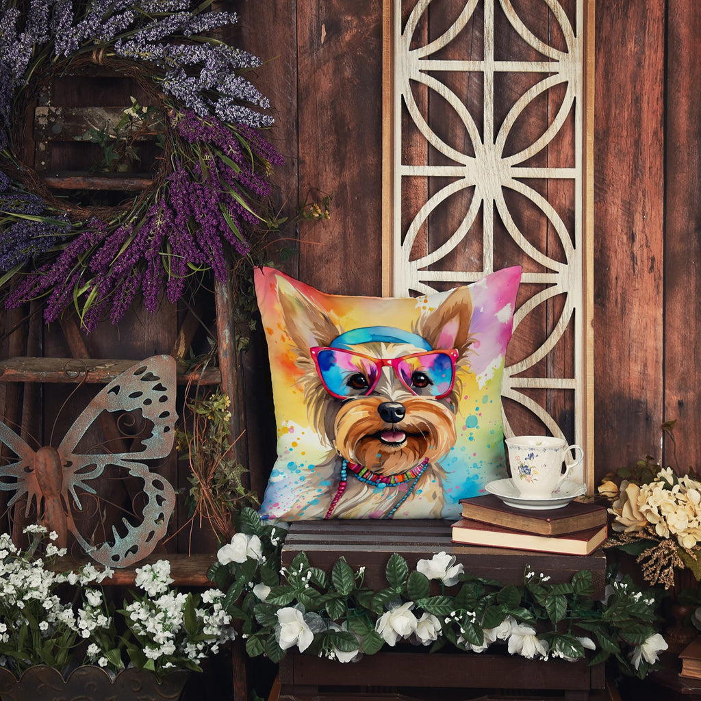 Yorkshire Terrier Hippie Dawg Decorative Throw Pillow 14x14 Indoor Outdoor Accent Cushion, Fabric Cover with Insert for Sofa, Bed, Porch & Living Room