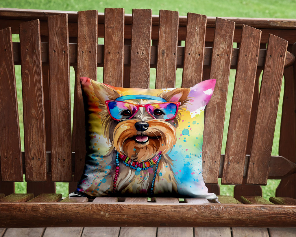 Yorkshire Terrier Hippie Dawg Decorative Throw Pillow 14x14 Indoor Outdoor Accent Cushion, Fabric Cover with Insert for Sofa, Bed, Porch & Living Room