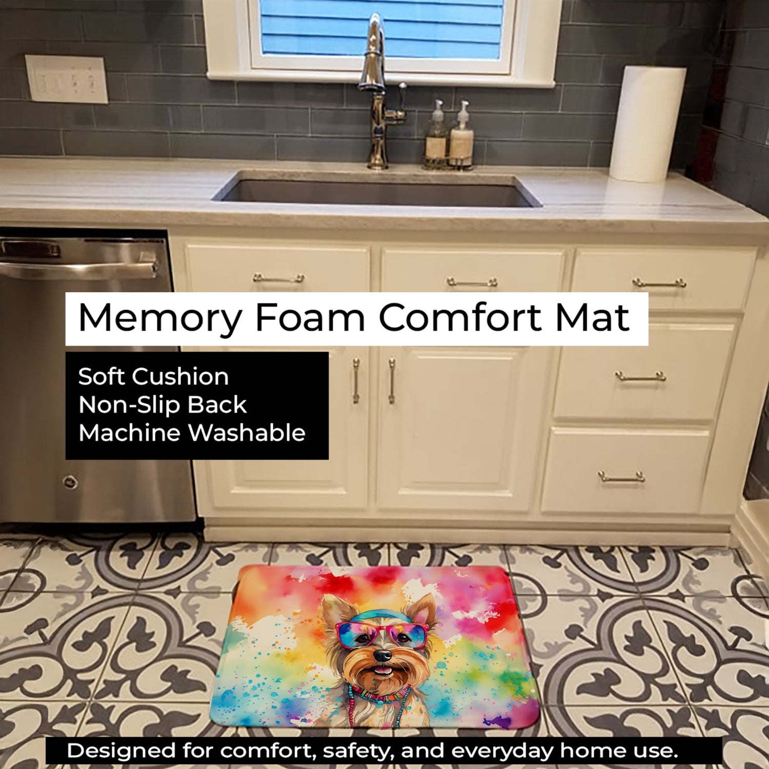 Yorkshire Terrier Hippie Dawg Memory Foam Kitchen Mat Machine Washable Anti-Fatigue Cushion Comfort Bath or Kitchen Rug