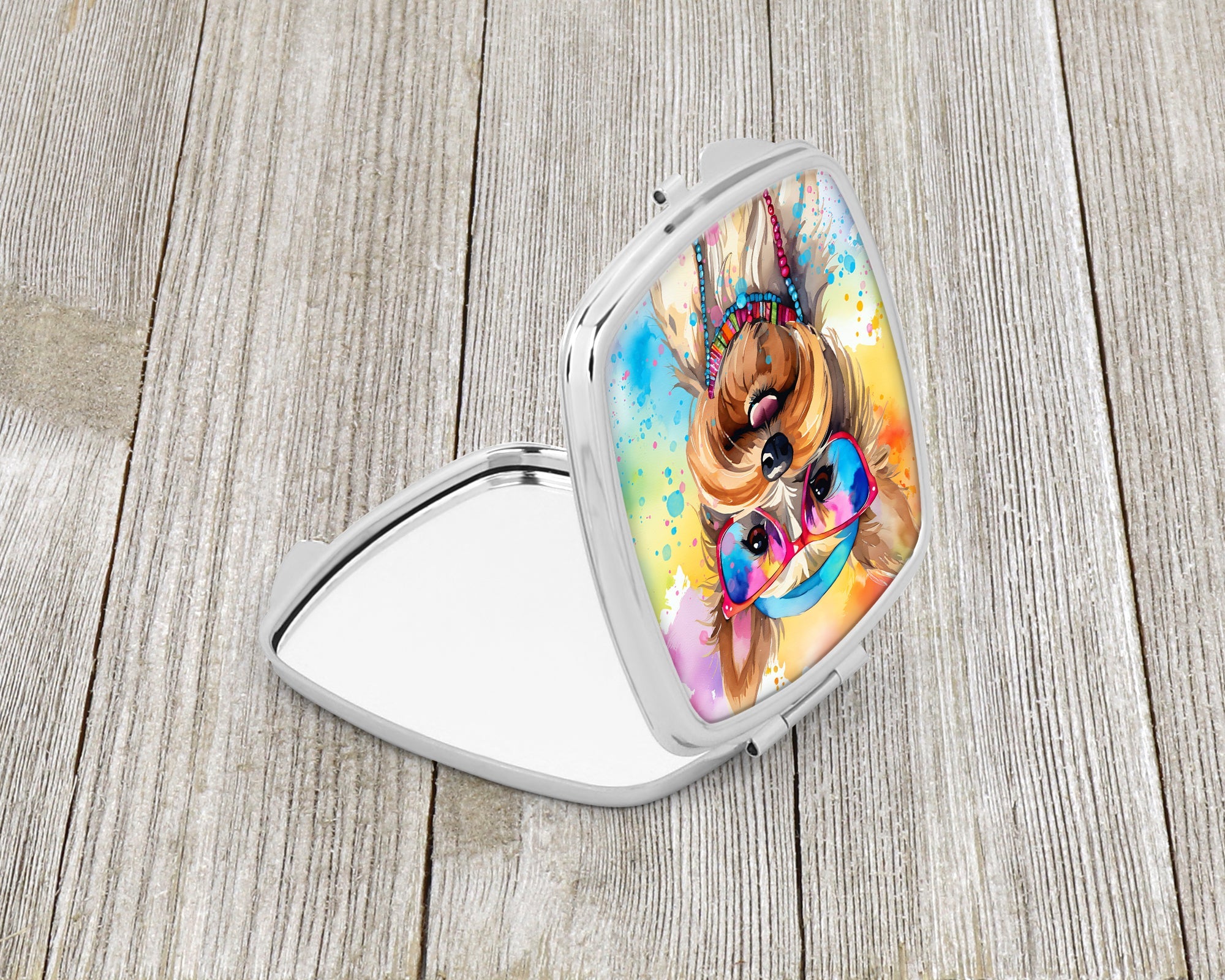 Yorkshire Terrier Hippie Dawg Compact Mirror Decorative Travel Makeup Mirror for Women Girls Gifts Pocket Makeup Mirror Folding Handheld