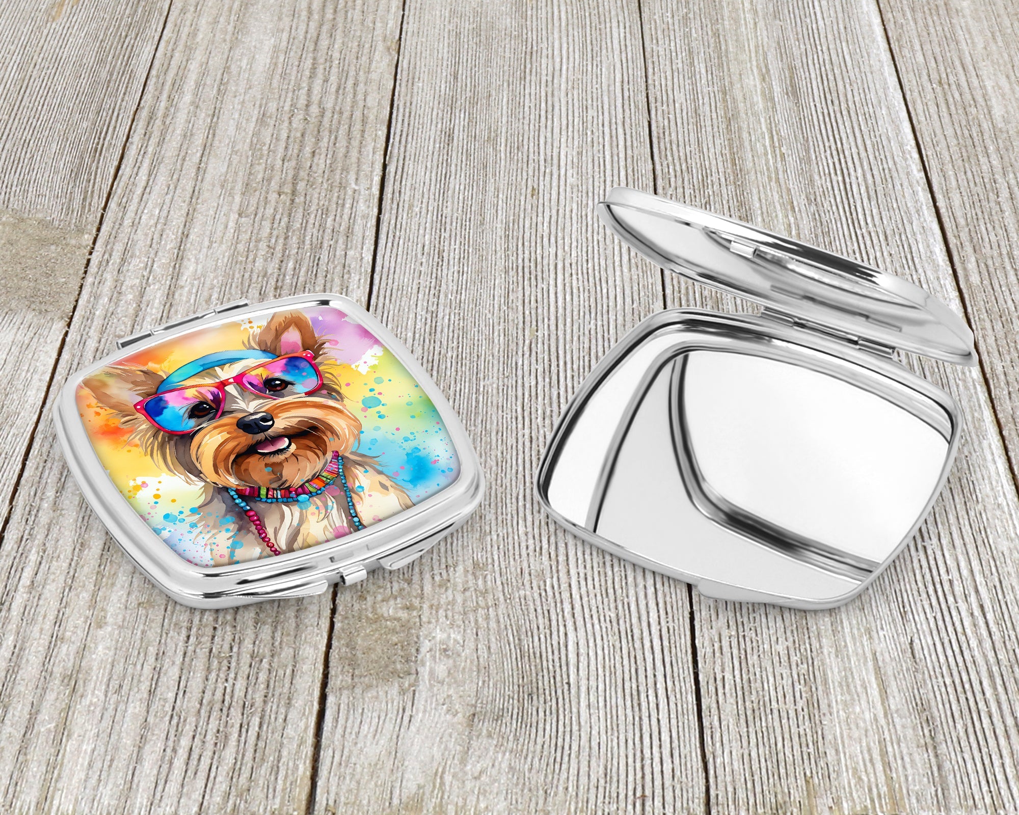 Yorkshire Terrier Hippie Dawg Compact Mirror Decorative Travel Makeup Mirror for Women Girls Gifts Pocket Makeup Mirror Folding Handheld
