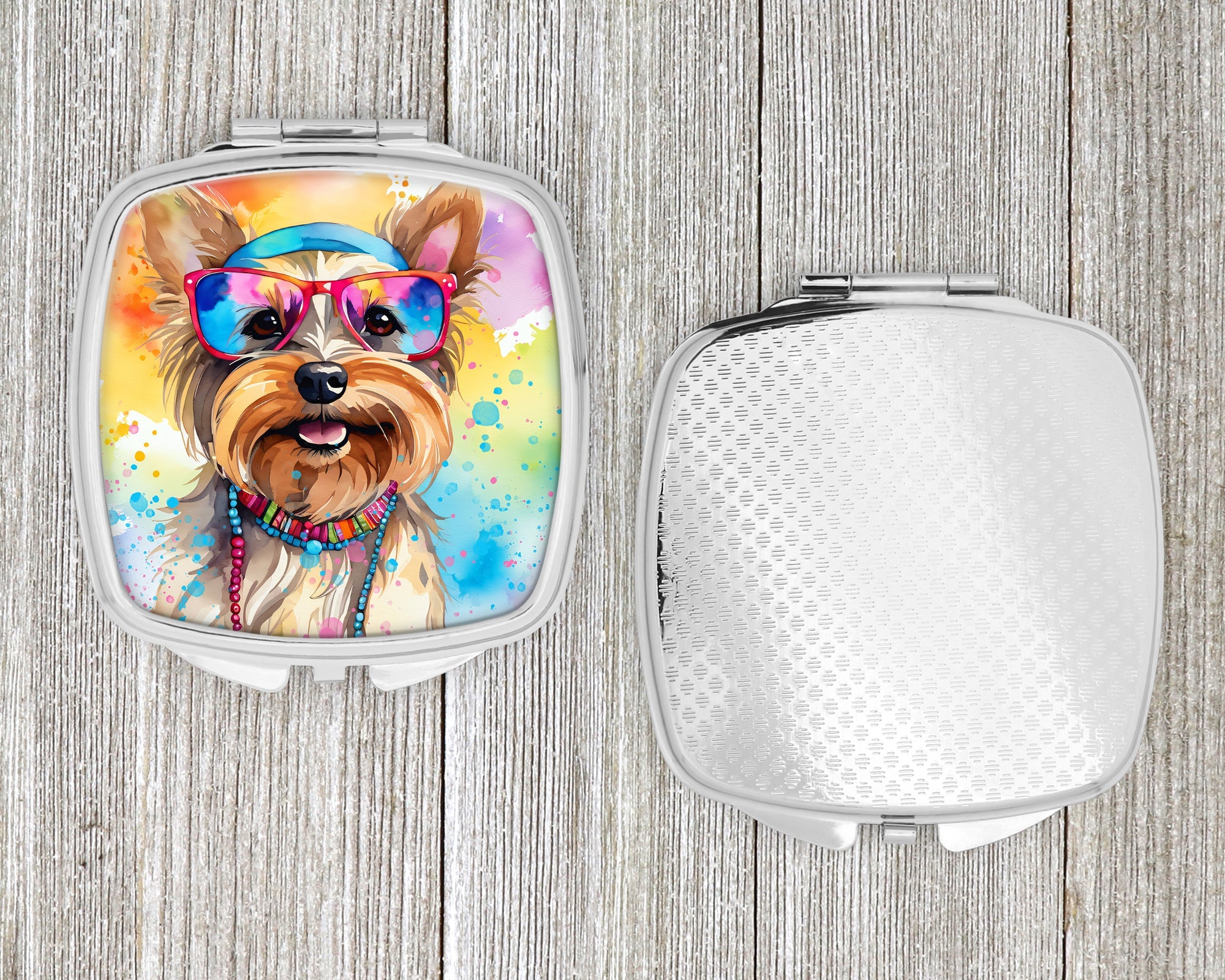 Yorkshire Terrier Hippie Dawg Compact Mirror Decorative Travel Makeup Mirror for Women Girls Gifts Pocket Makeup Mirror Folding Handheld