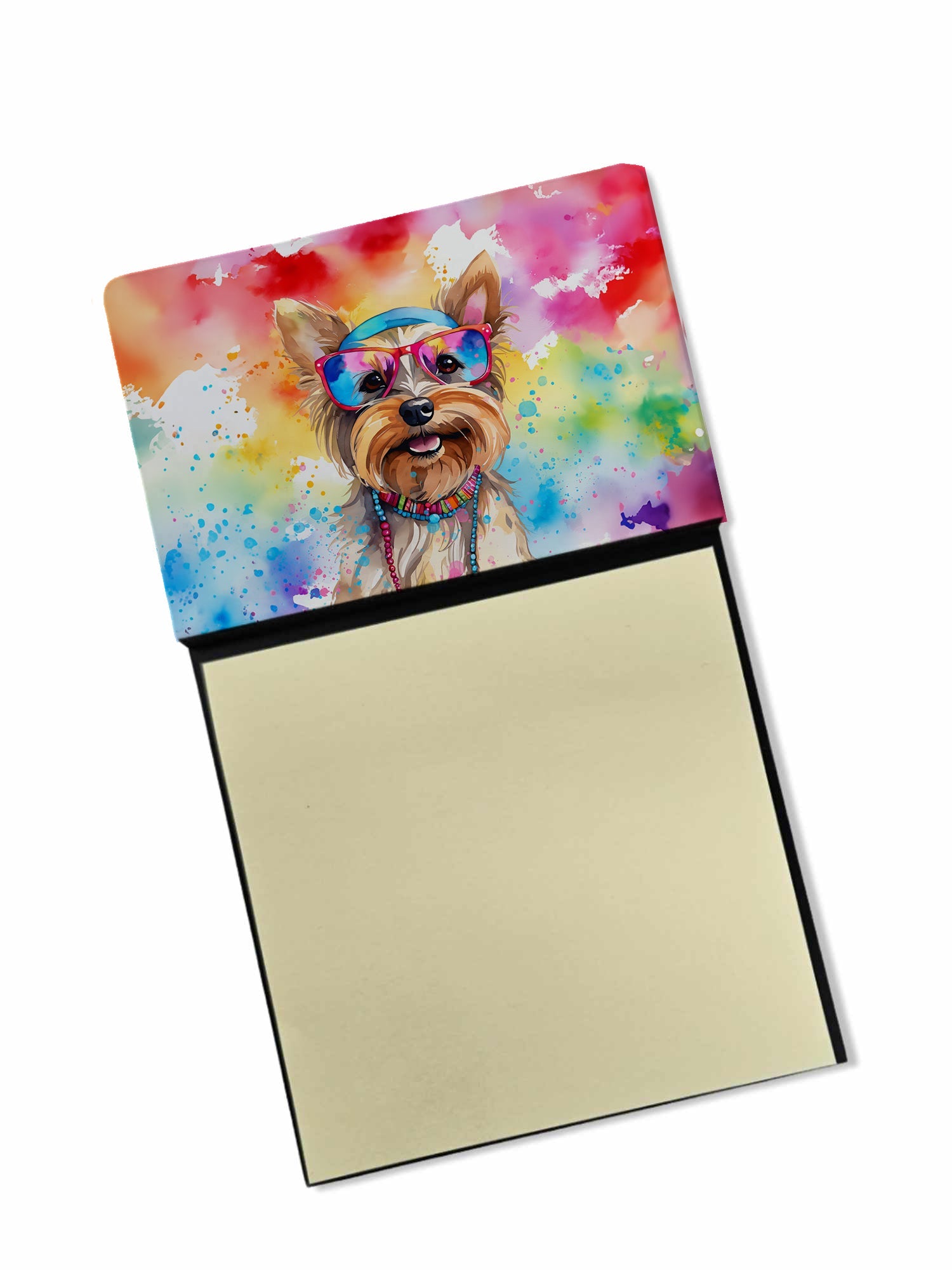 Yorkshire Terrier Hippie Dawg Watercolor Sticky Note Holder Refillable Dispenser Desk Accessory 3x3 Pad Gift