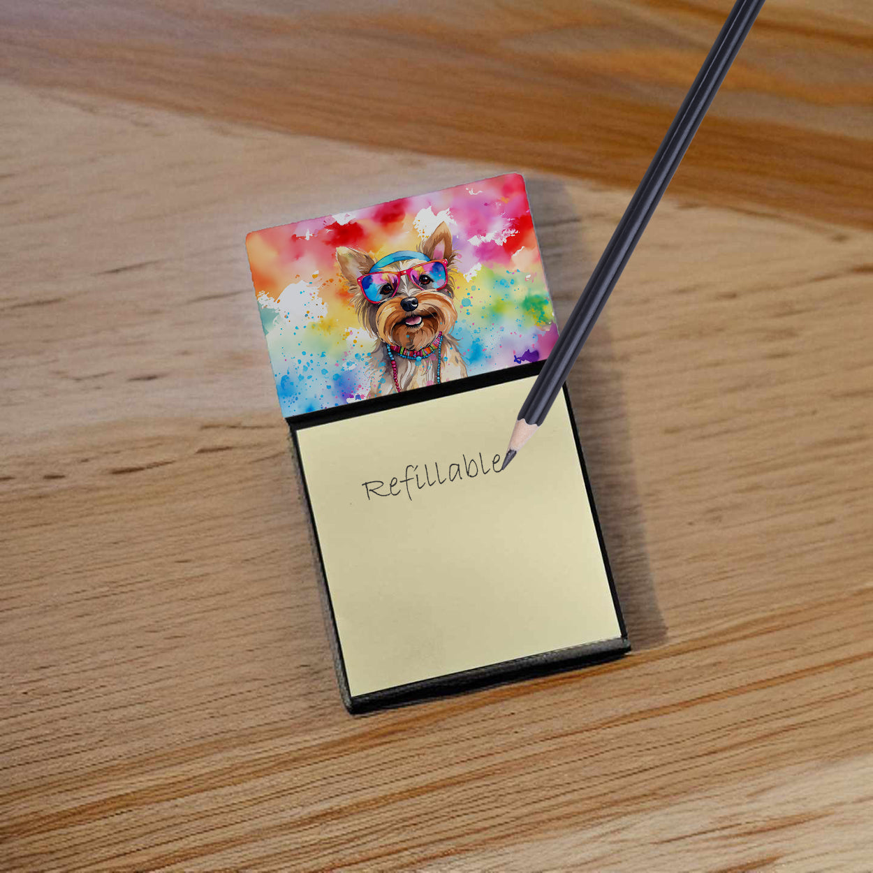Yorkshire Terrier Hippie Dawg Watercolor Sticky Note Holder Refillable Dispenser Desk Accessory 3x3 Pad Gift