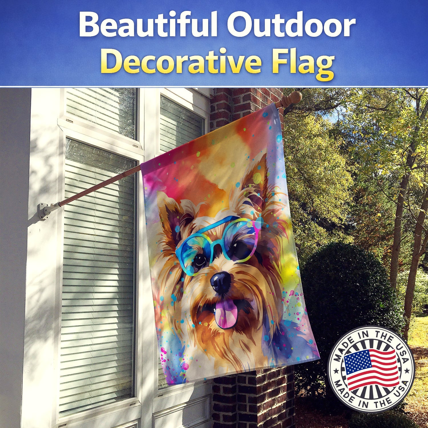 Yorkshire Terrier Hippie Dawg House Flag 28x40 Porch Sleeve Pole Decorative Outside Yard Banner Artwork Wall Hanging, Polyester