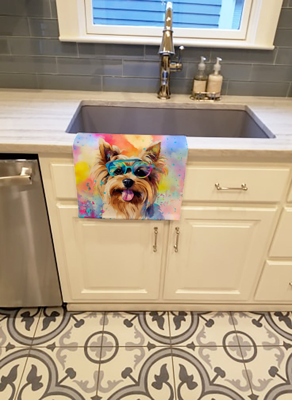 Yorkshire Terrier Hippie Dawg Kitchen Towel Velour Plush Front and Cotton Loop Back Machine Washable