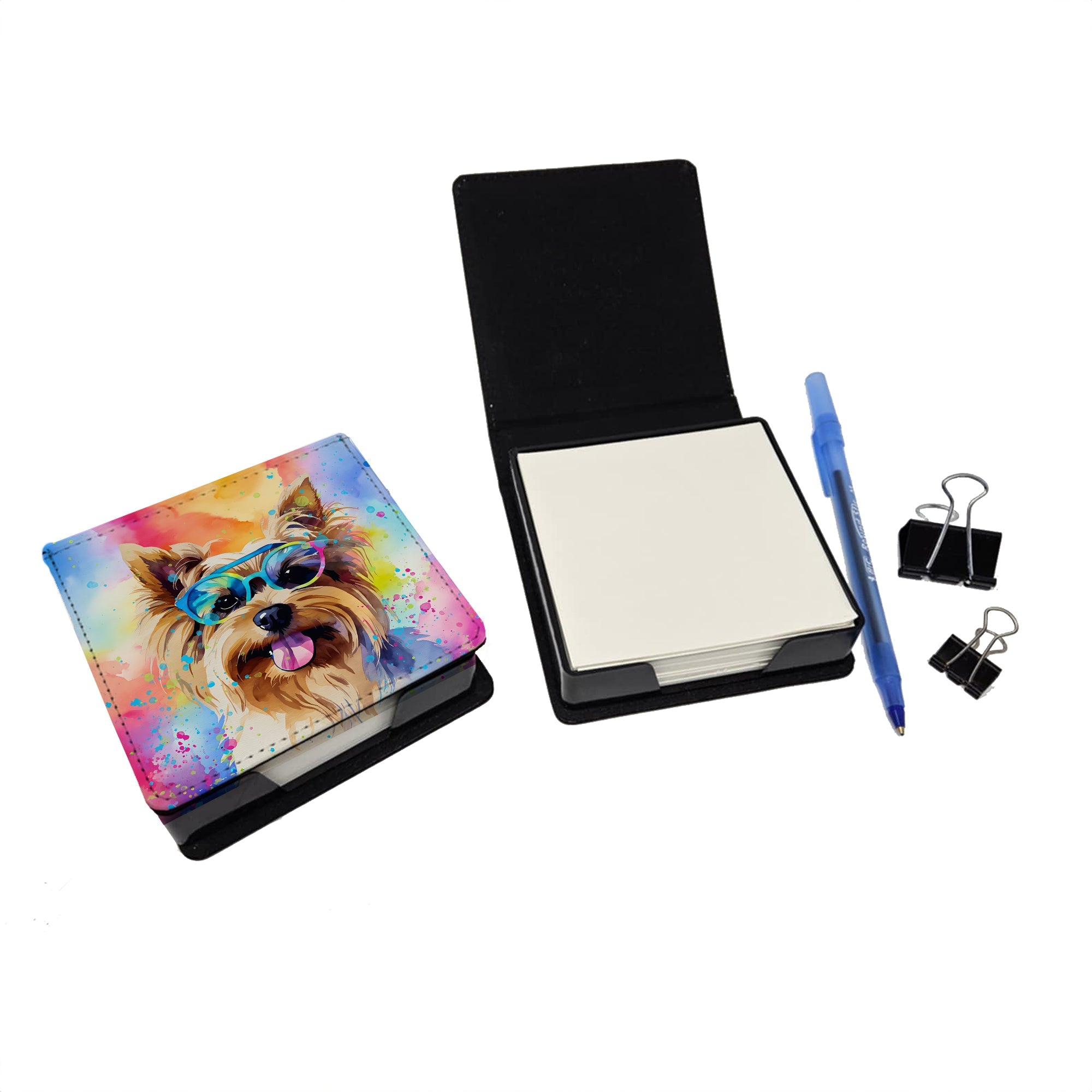 Yorkshire Terrier Hippie Dawg PU Leather Note Paper Holder with Artist-Designed Cover, Desk Accessory, Office Gift