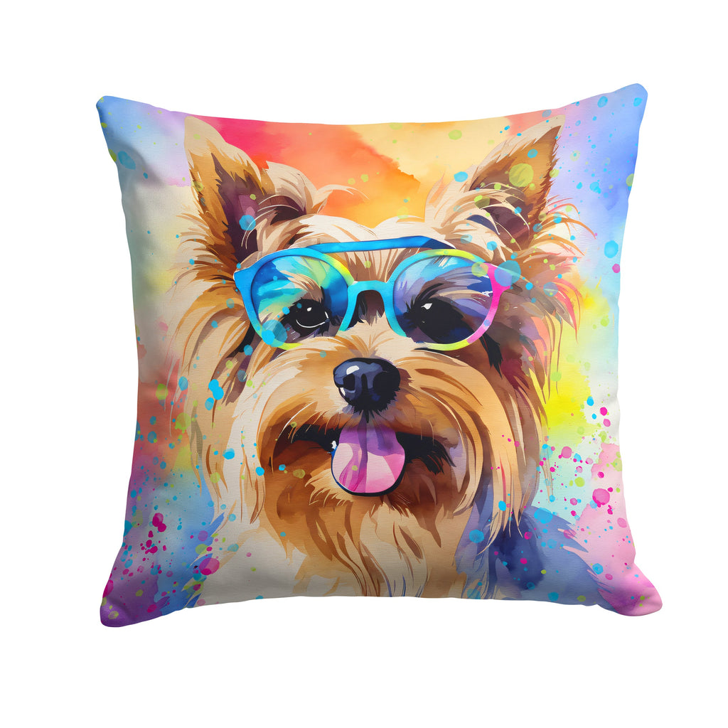 Yorkshire Terrier Hippie Dawg Decorative Throw Pillow 14x14 Indoor Outdoor Accent Cushion, Fabric Cover with Insert for Sofa, Bed, Porch & Living Room