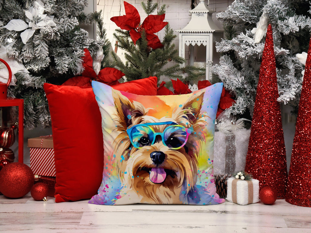 Yorkshire Terrier Hippie Dawg Decorative Throw Pillow 14x14 Indoor Outdoor Accent Cushion, Fabric Cover with Insert for Sofa, Bed, Porch & Living Room