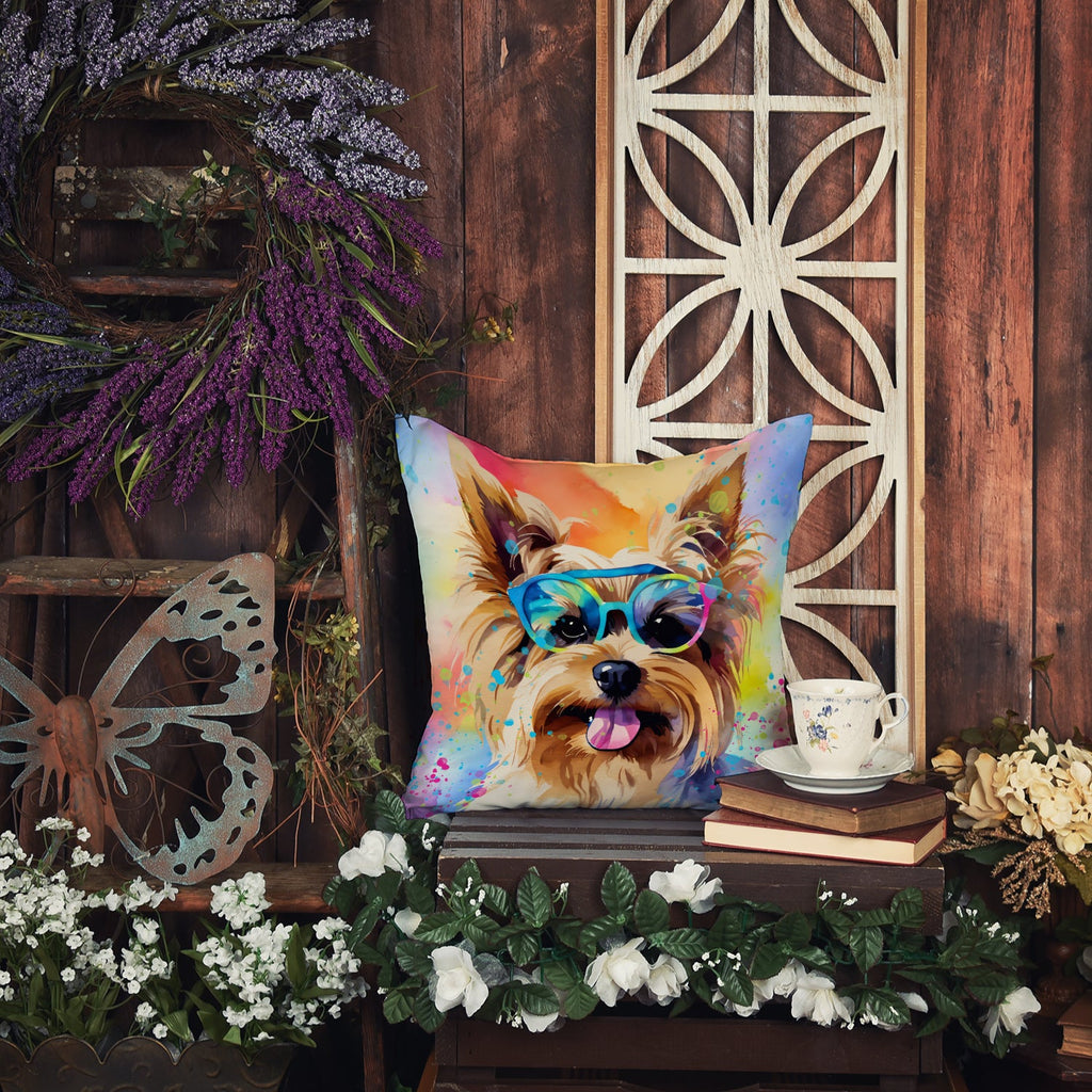 Yorkshire Terrier Hippie Dawg Decorative Throw Pillow 14x14 Indoor Outdoor Accent Cushion, Fabric Cover with Insert for Sofa, Bed, Porch & Living Room