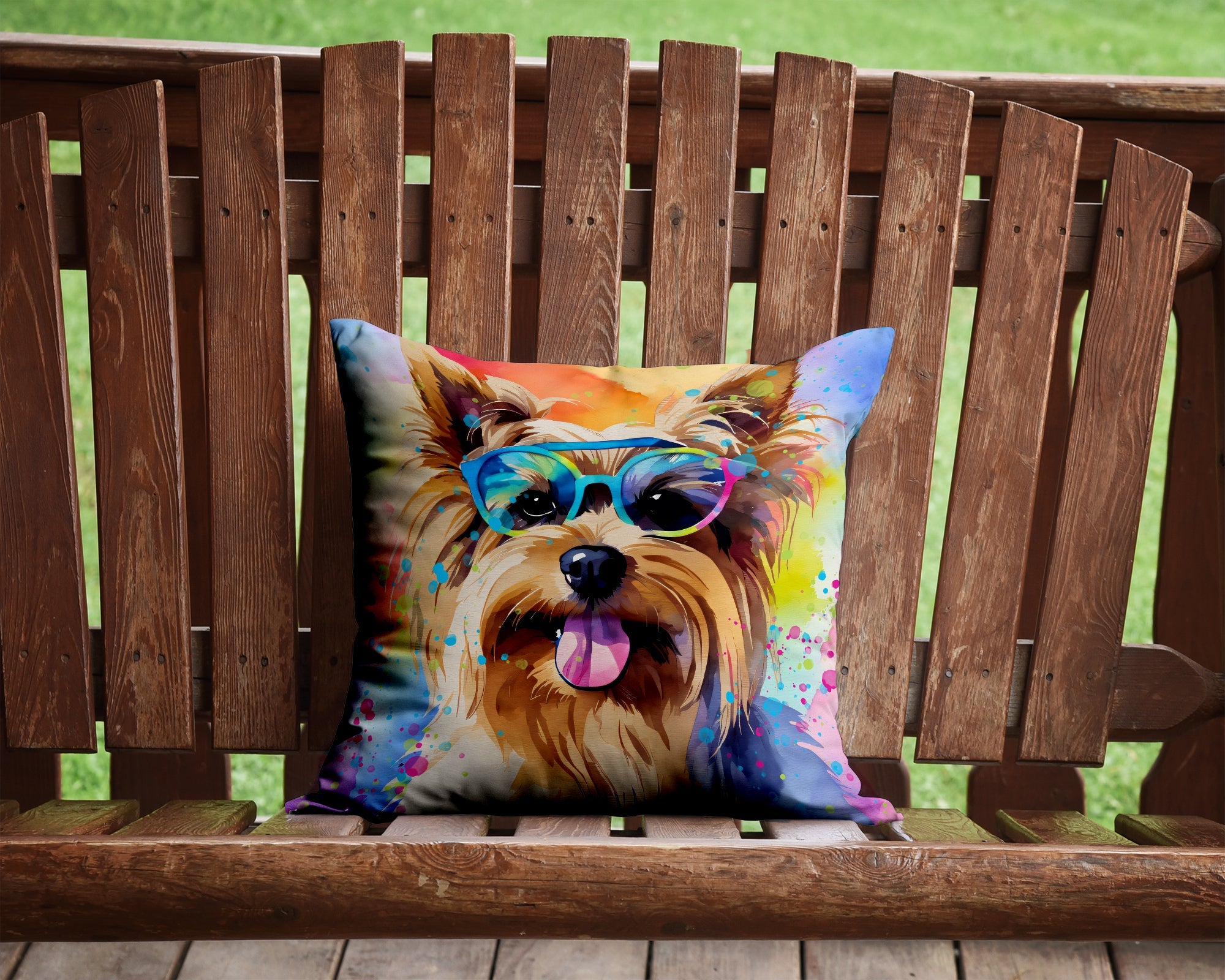 Yorkshire Terrier Hippie Dawg Decorative Throw Pillow 14x14 Indoor Outdoor Accent Cushion, Fabric Cover with Insert for Sofa, Bed, Porch & Living Room