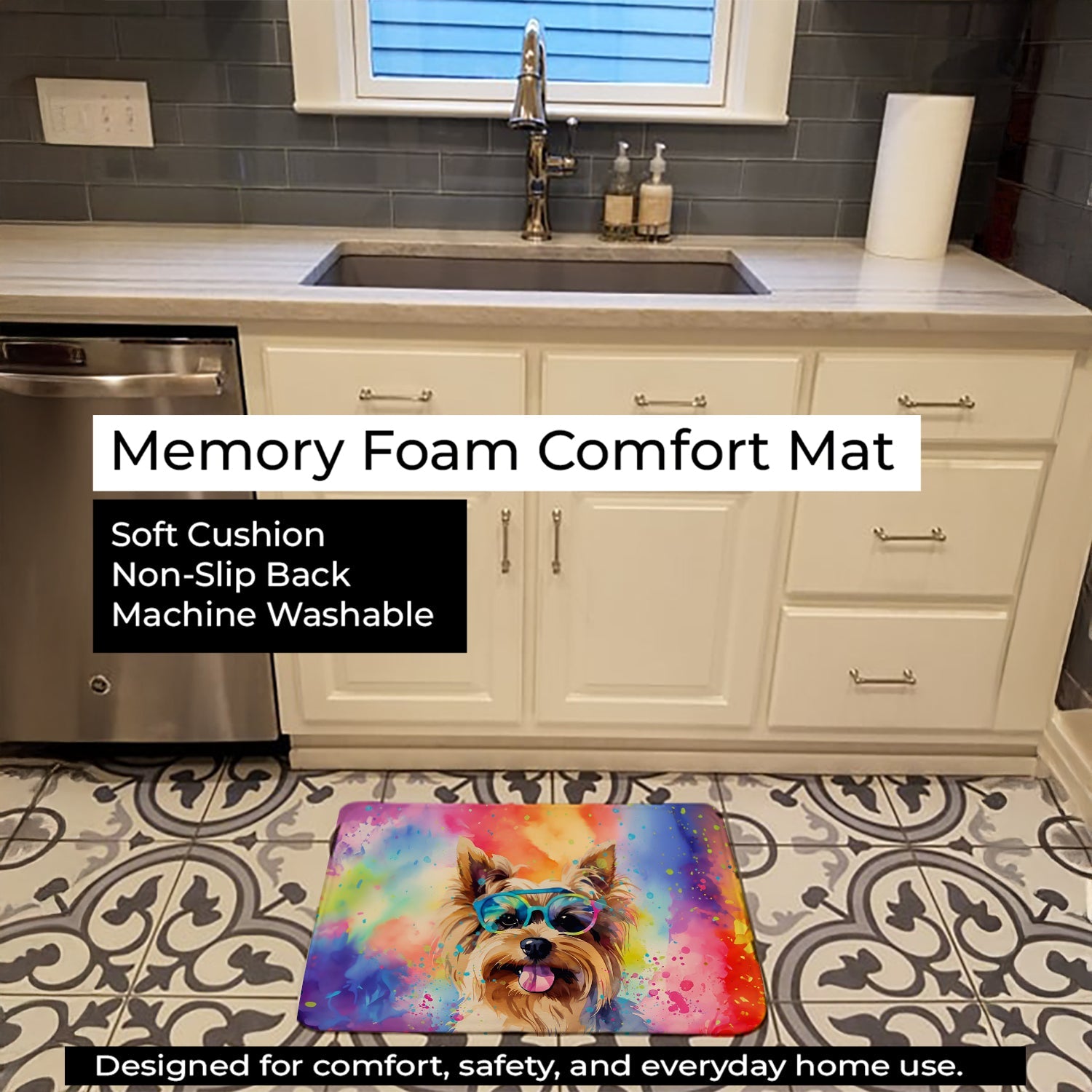 Yorkshire Terrier Hippie Dawg Memory Foam Kitchen Mat Machine Washable Anti-Fatigue Cushion Comfort Bath or Kitchen Rug