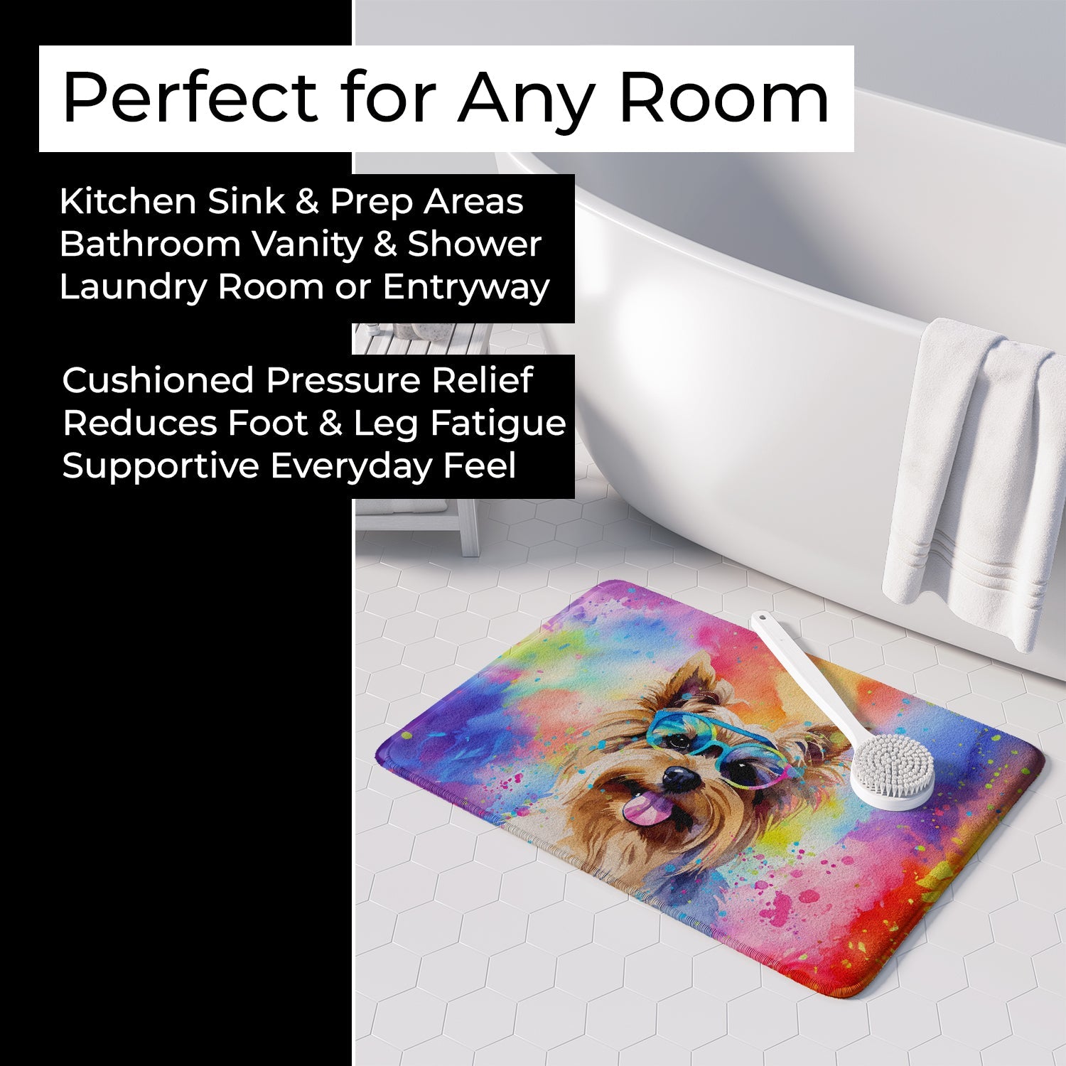 Yorkshire Terrier Hippie Dawg Memory Foam Kitchen Mat Machine Washable Anti-Fatigue Cushion Comfort Bath or Kitchen Rug