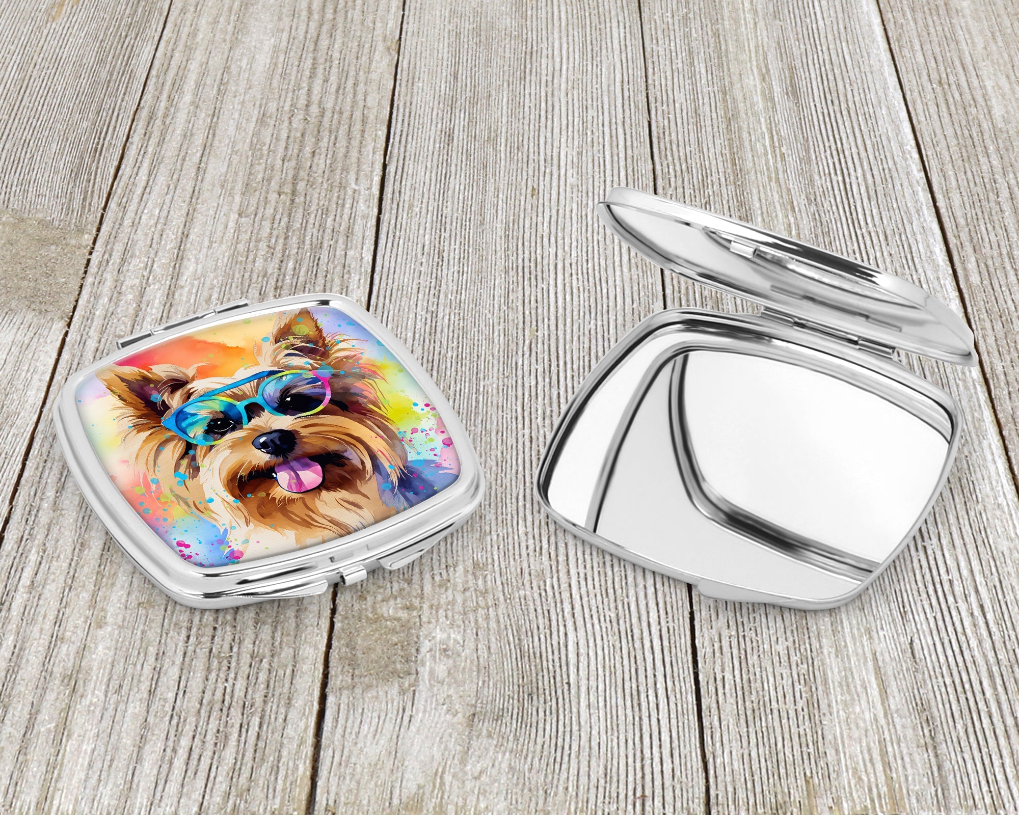 Yorkshire Terrier Hippie Dawg Compact Mirror Decorative Travel Makeup Mirror for Women Girls Gifts Pocket Makeup Mirror Folding Handheld