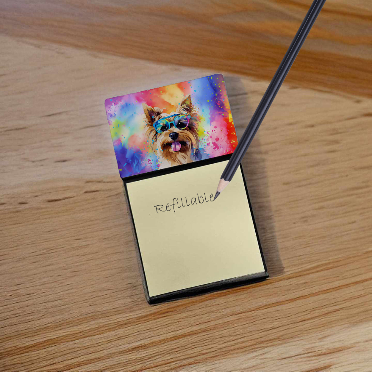 Yorkshire Terrier Hippie Dawg Watercolor Sticky Note Holder Refillable Dispenser Desk Accessory 3x3 Pad Gift