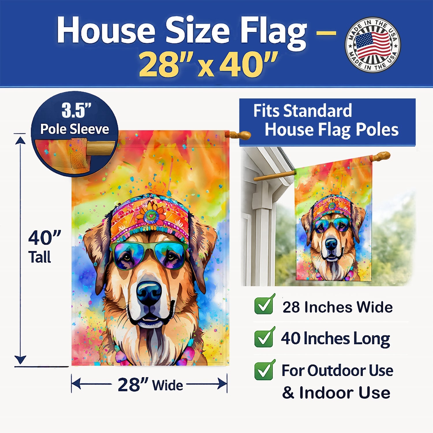 Hippie Dawg House Flag 28x40 Porch Sleeve Pole Decorative Outside Yard Banner Artwork Wall Hanging, Polyester