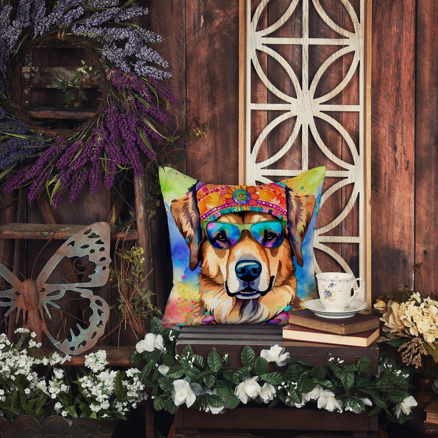 Hippie Dawg Decorative Throw Pillow 14x14 Indoor Outdoor Accent Cushion, Fabric Cover with Insert for Sofa, Bed, Porch & Living Room