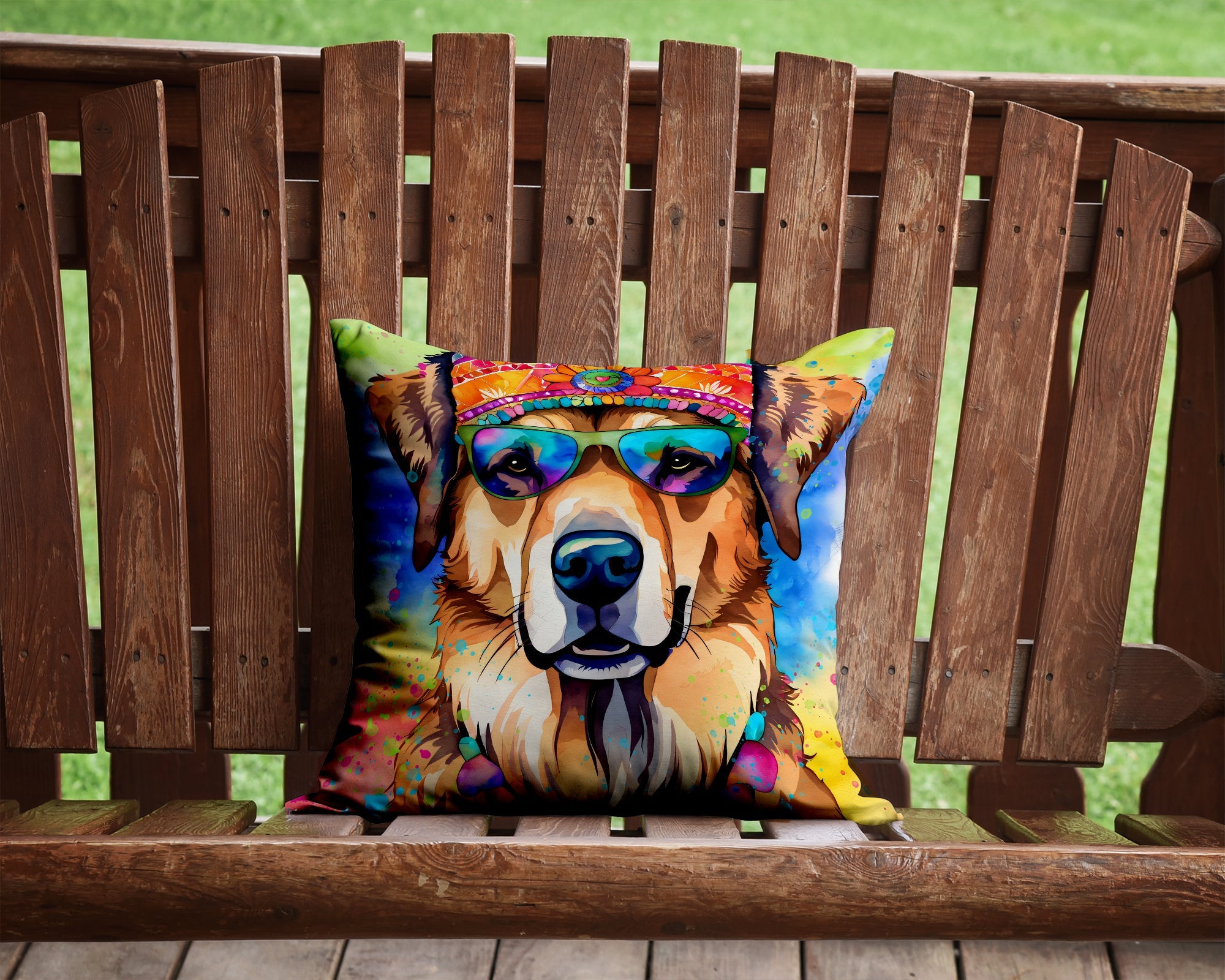 Hippie Dawg Decorative Throw Pillow 14x14 Indoor Outdoor Accent Cushion, Fabric Cover with Insert for Sofa, Bed, Porch & Living Room