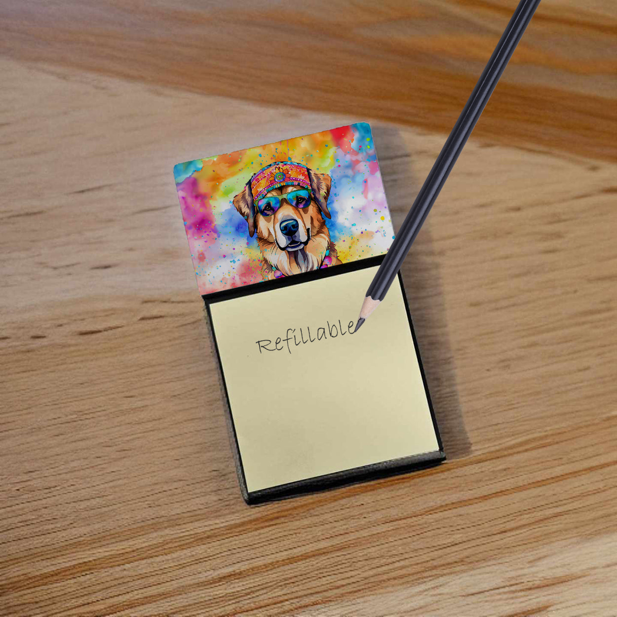 Hippie Dawg Watercolor Sticky Note Holder Refillable Dispenser Desk Accessory 3x3 Pad Gift