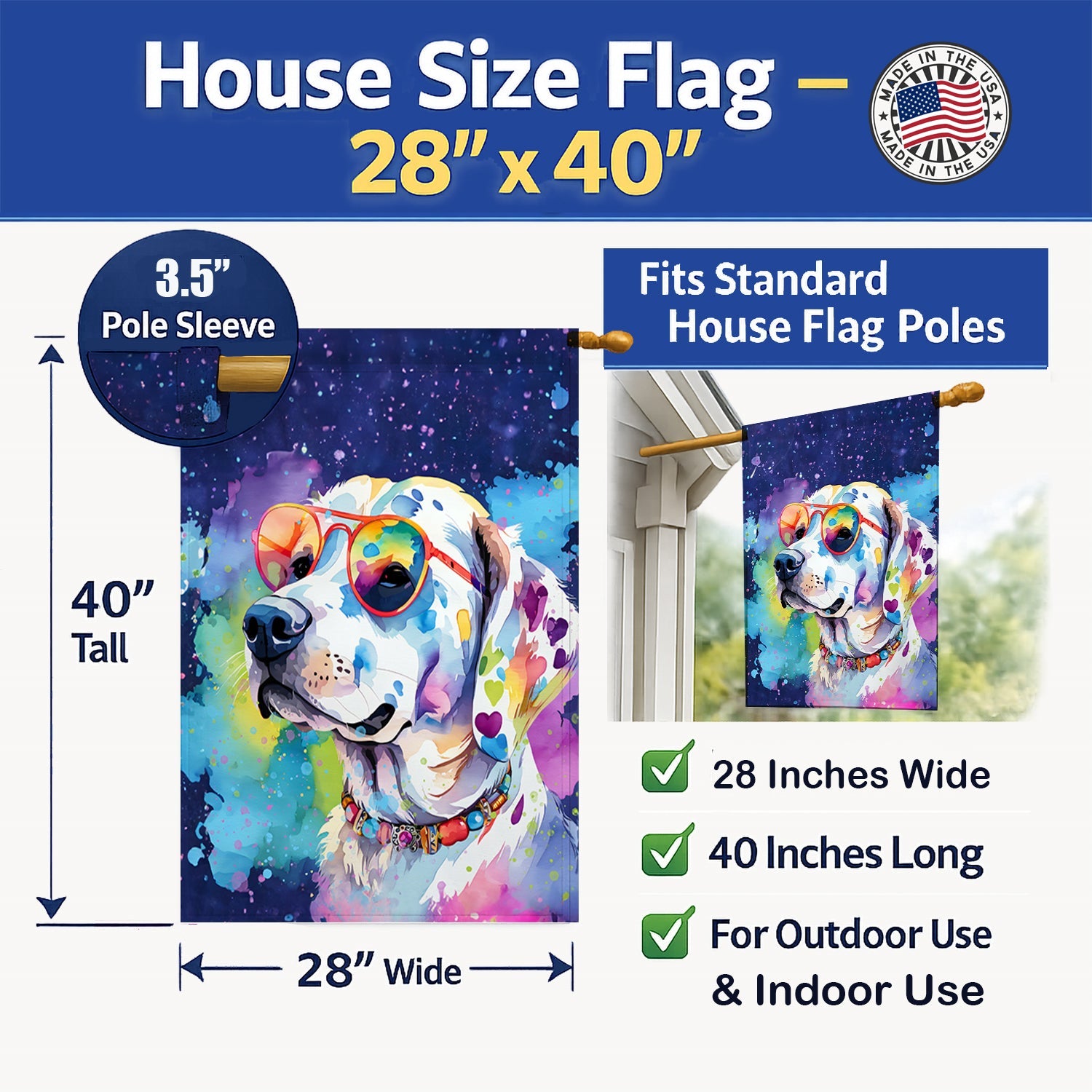 Hippie Dawg House Flag 28x40 Porch Sleeve Pole Decorative Outside Yard Banner Artwork Wall Hanging, Polyester