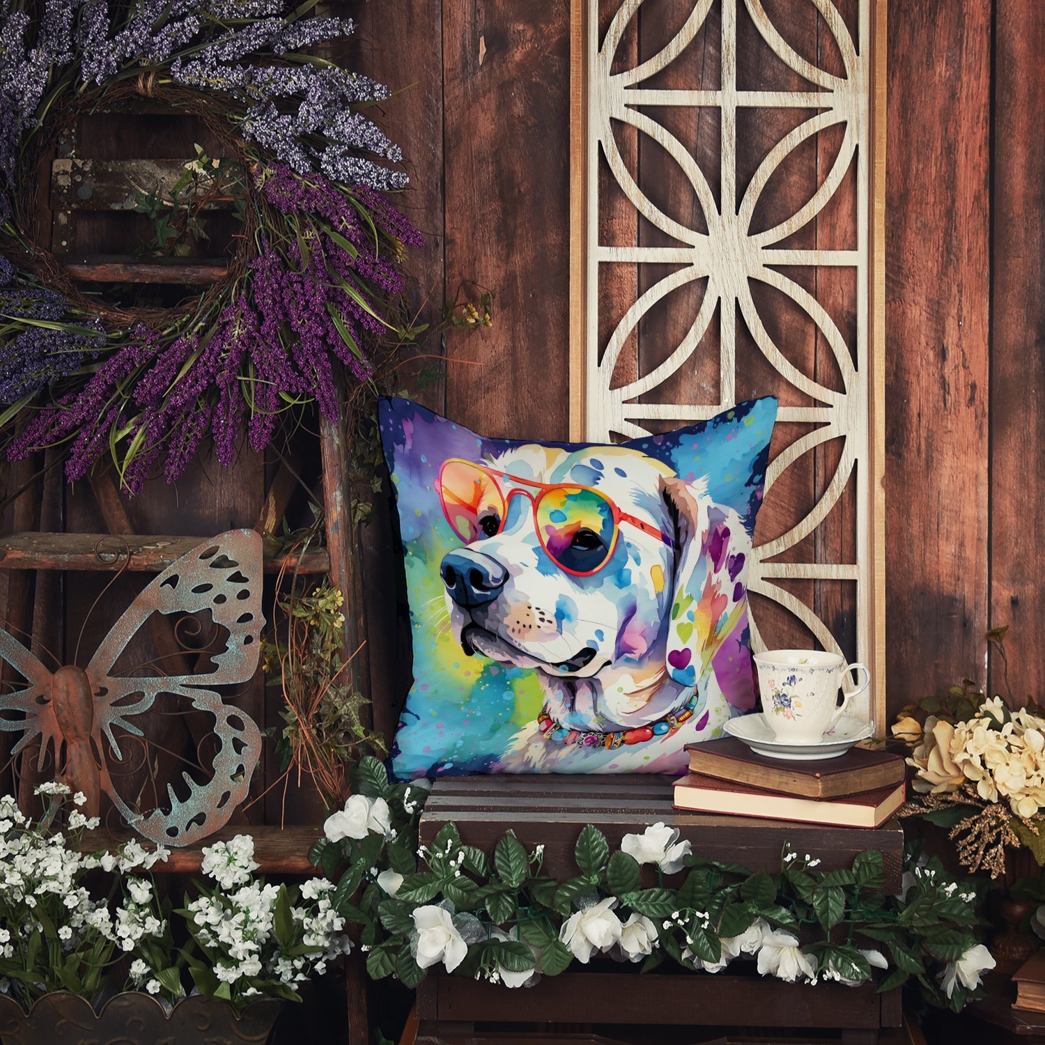 Hippie Dawg Decorative Throw Pillow 14x14 Indoor Outdoor Accent Cushion, Fabric Cover with Insert for Sofa, Bed, Porch & Living Room