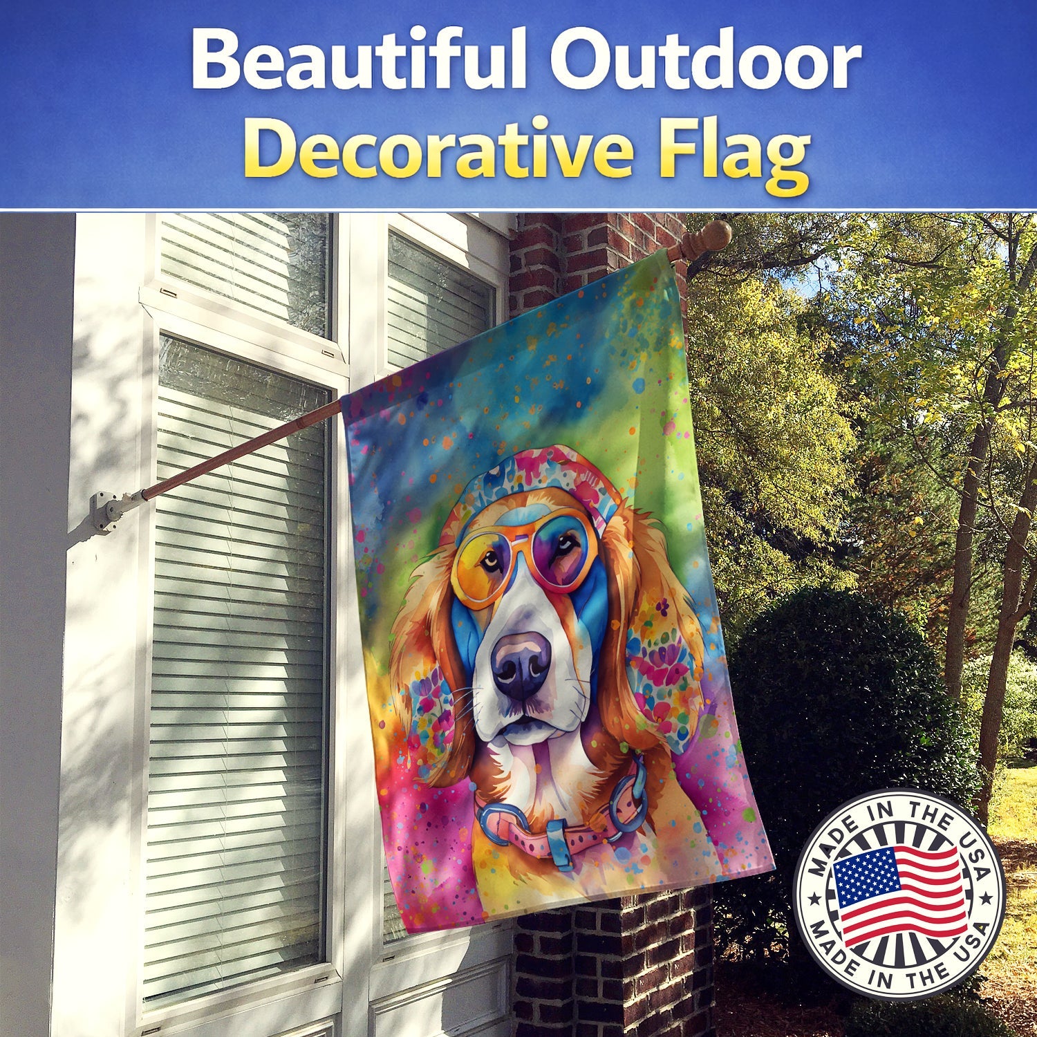 Hippie Dawg House Flag 28x40 Porch Sleeve Pole Decorative Outside Yard Banner Artwork Wall Hanging, Polyester