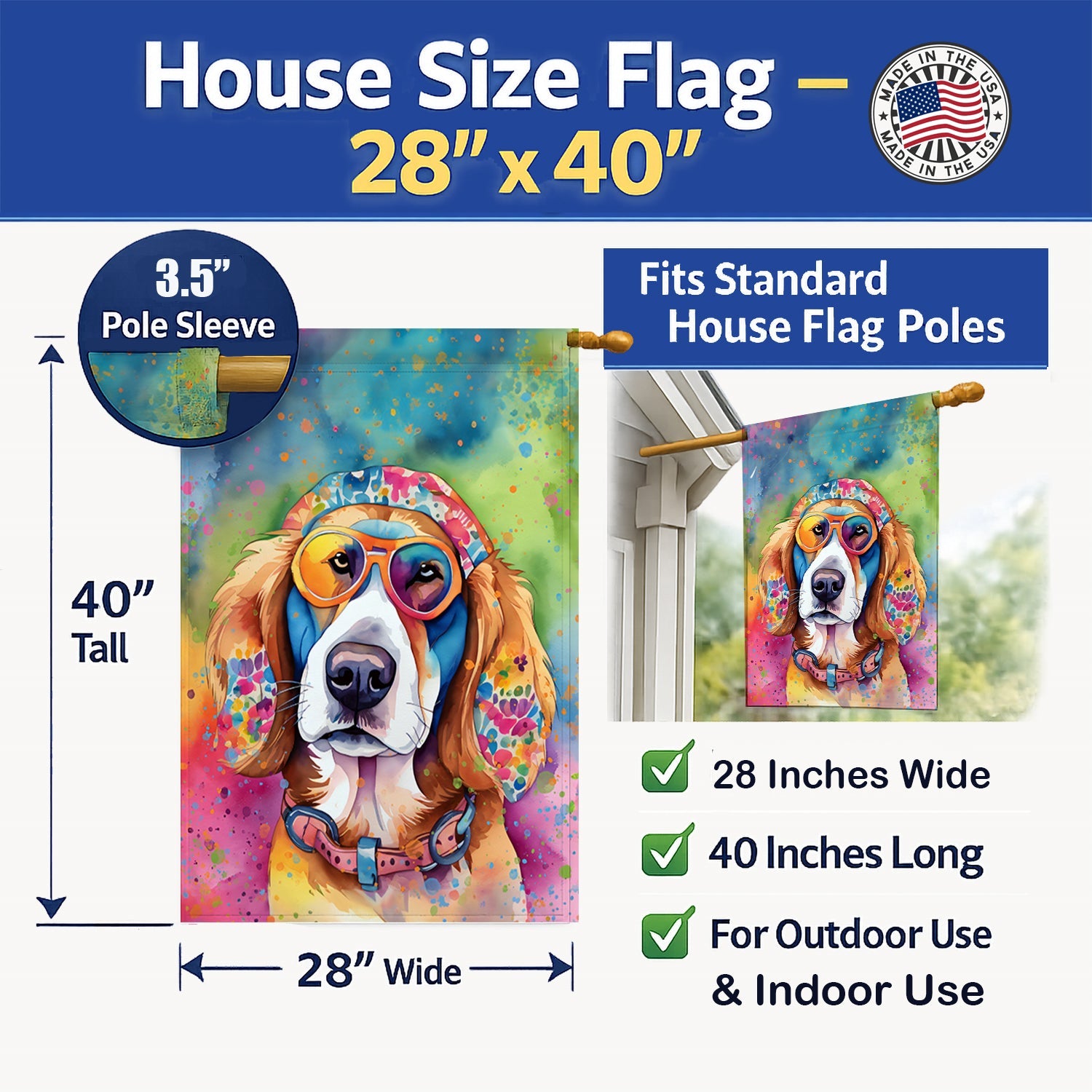 Hippie Dawg House Flag 28x40 Porch Sleeve Pole Decorative Outside Yard Banner Artwork Wall Hanging, Polyester