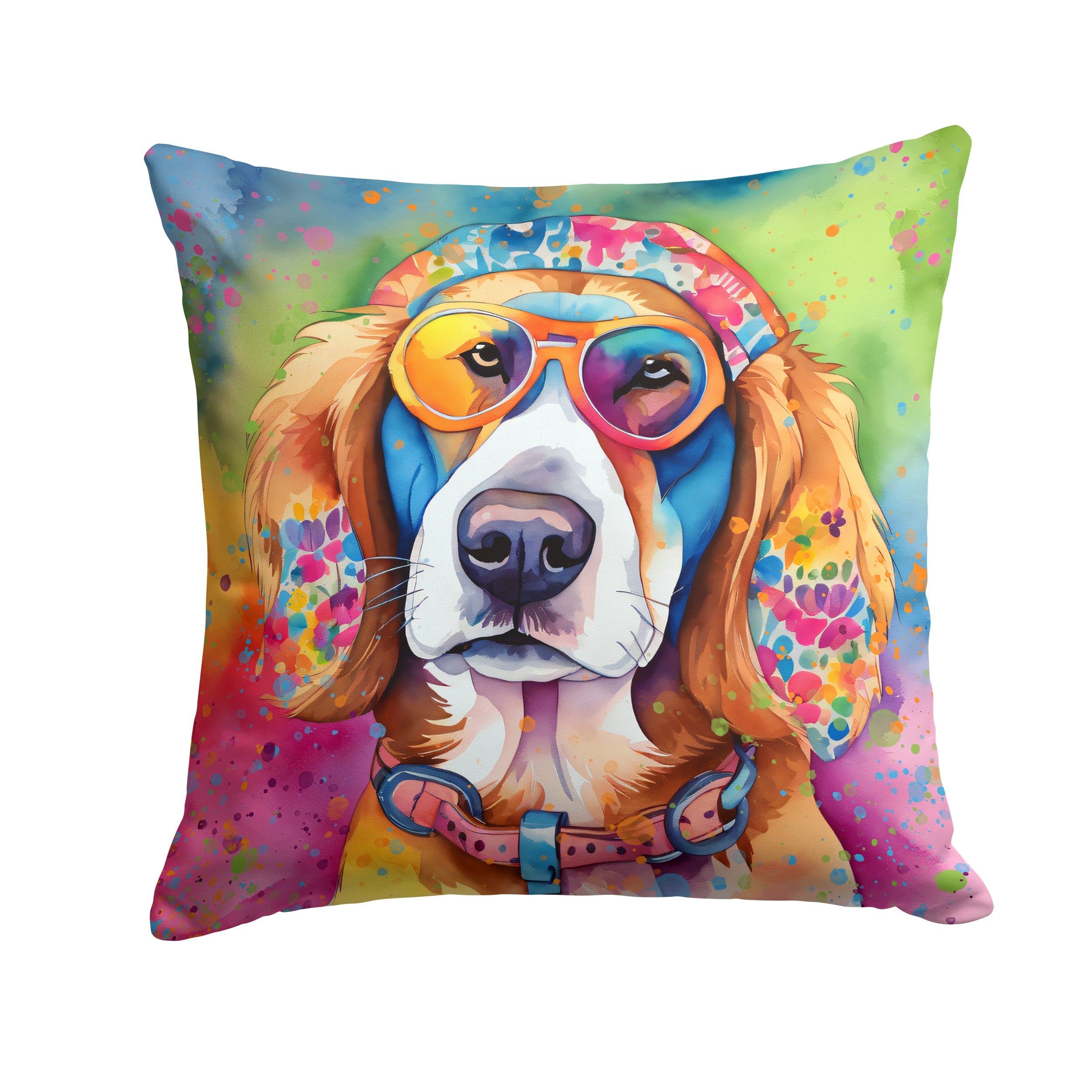 Hippie Dawg Decorative Throw Pillow 14x14 Indoor Outdoor Accent Cushion, Fabric Cover with Insert for Sofa, Bed, Porch & Living Room