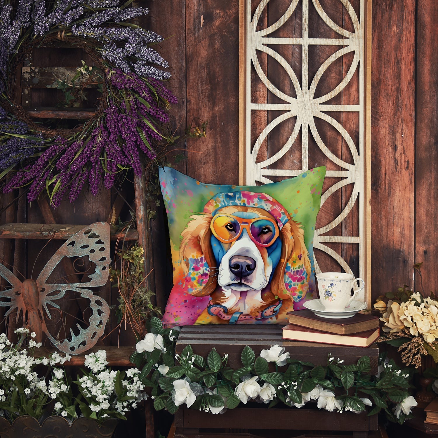 Hippie Dawg Decorative Throw Pillow 14x14 Indoor Outdoor Accent Cushion, Fabric Cover with Insert for Sofa, Bed, Porch & Living Room