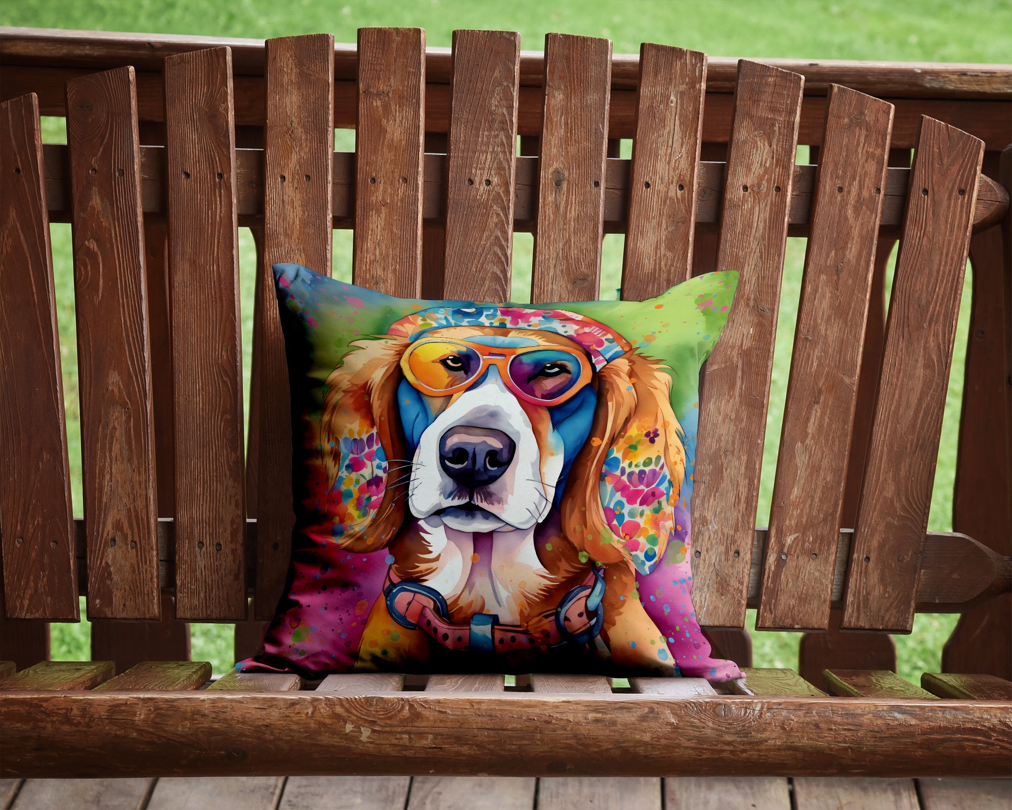 Hippie Dawg Decorative Throw Pillow 14x14 Indoor Outdoor Accent Cushion, Fabric Cover with Insert for Sofa, Bed, Porch & Living Room