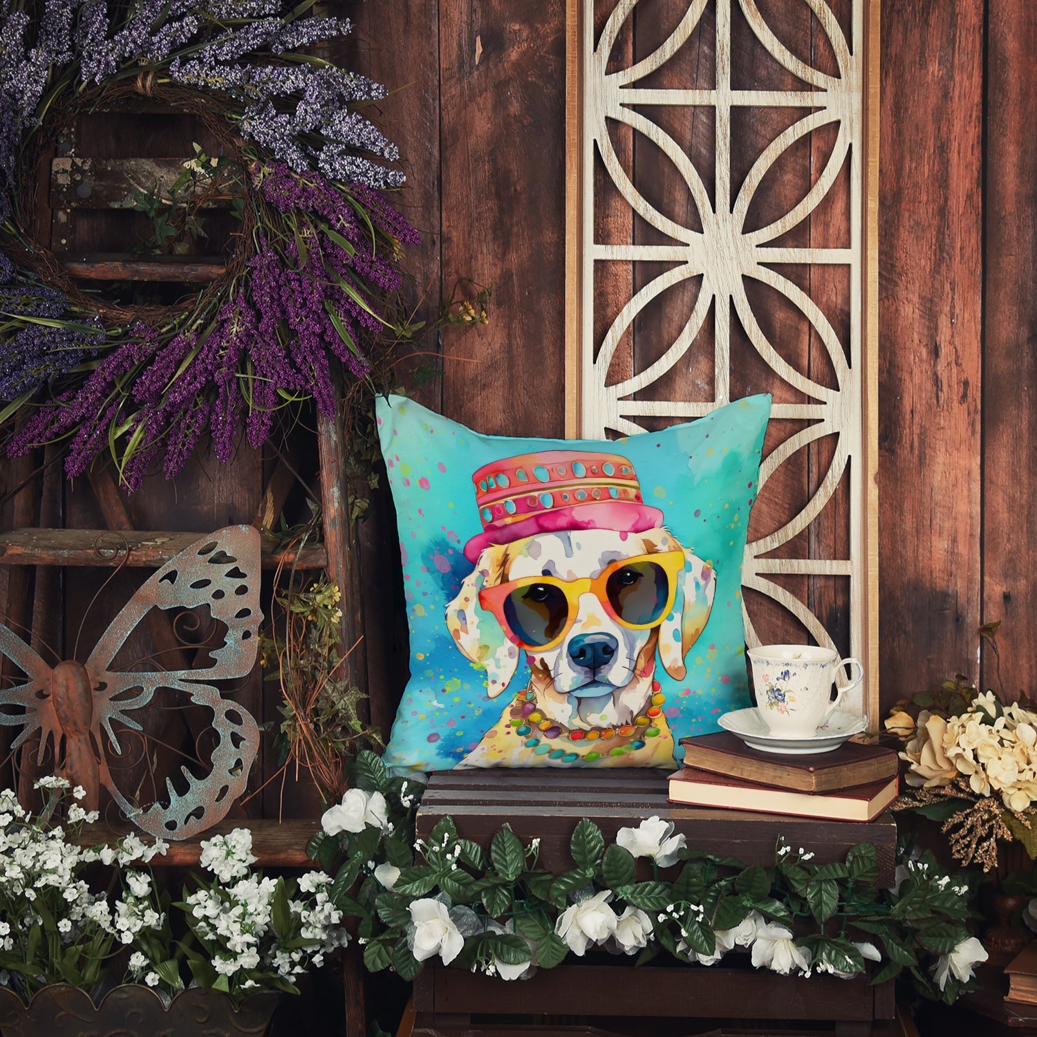 Hippie Dawg Decorative Throw Pillow 14x14 Indoor Outdoor Accent Cushion, Fabric Cover with Insert for Sofa, Bed, Porch & Living Room