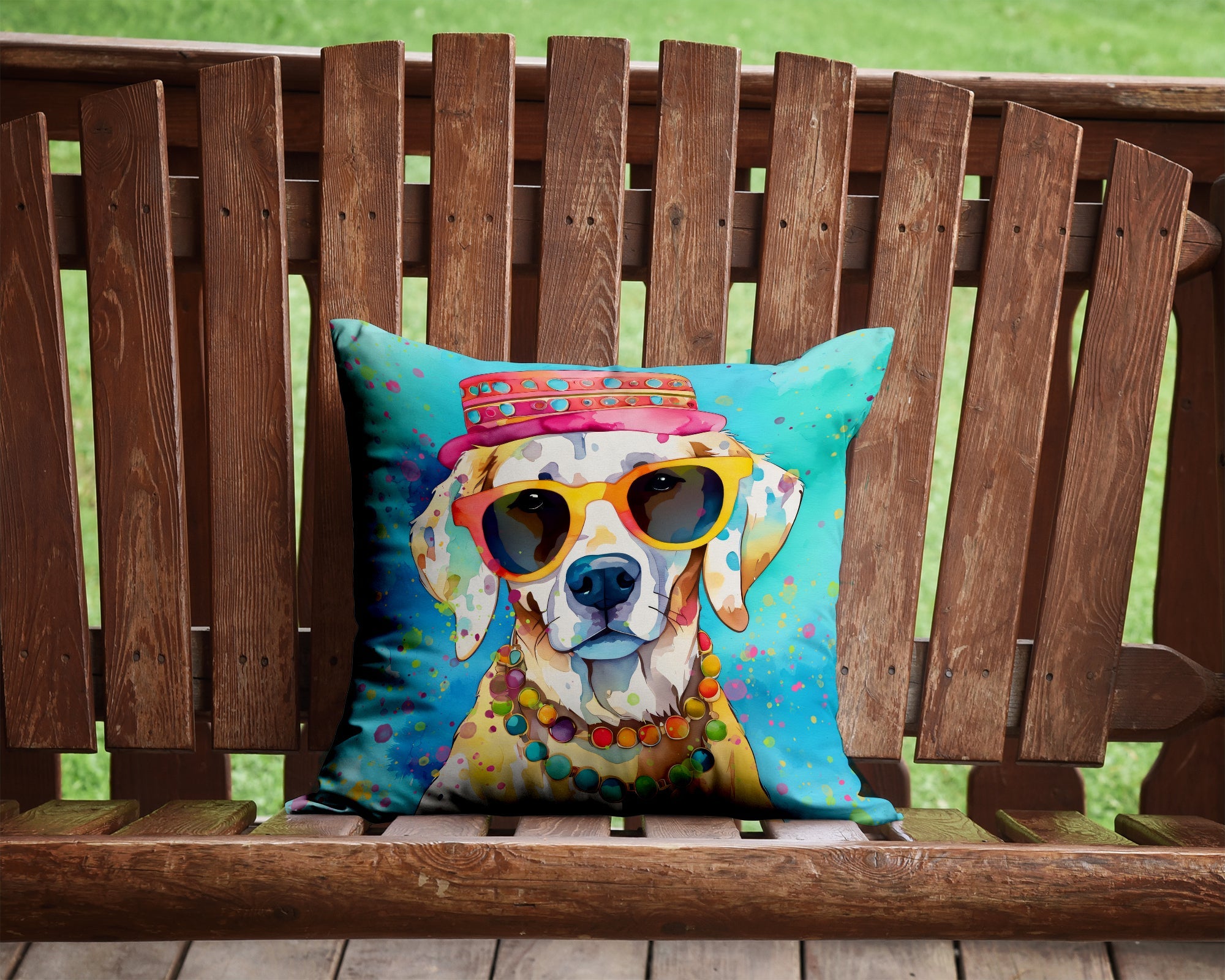 Hippie Dawg Decorative Throw Pillow 14x14 Indoor Outdoor Accent Cushion, Fabric Cover with Insert for Sofa, Bed, Porch & Living Room