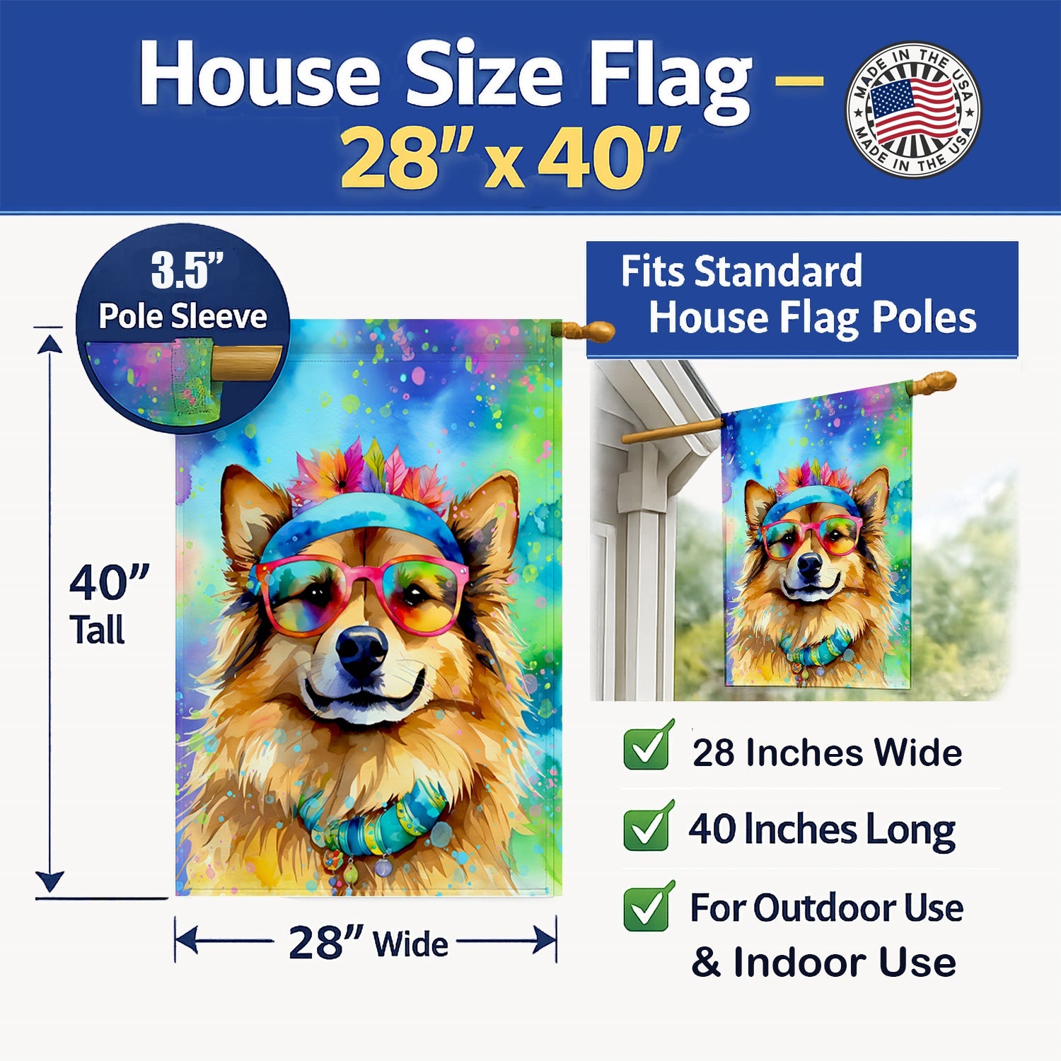 Hippie Dawg House Flag 28x40 Porch Sleeve Pole Decorative Outside Yard Banner Artwork Wall Hanging, Polyester