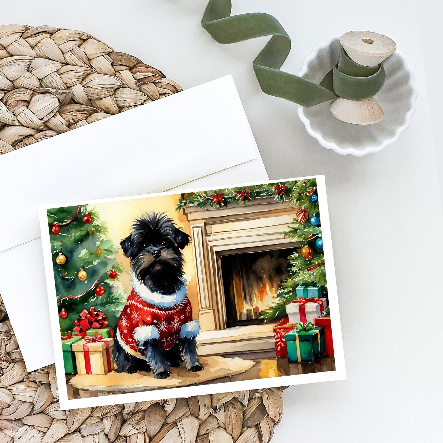 Affenpinscher Cozy Christmas Greeting Cards Pack of 8 Blank Cards with Envelopes Whimsical A7 Size 5x7