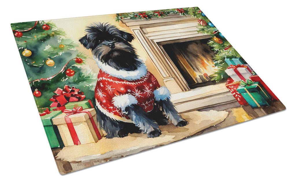 Affenpinscher Cozy Christmas Cutting Board Tempered Glass Kitchen Cutting Surface, Heat Resistant Chopping, Non-Slip Feet, Food Prep & Serving