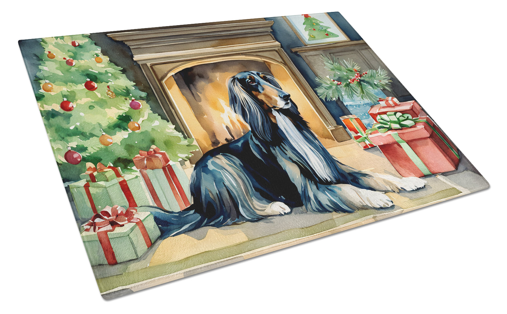 Afghan Hound Cozy Christmas Cutting Board Tempered Glass Kitchen Cutting Surface, Heat Resistant Chopping, Non-Slip Feet, Food Prep & Serving