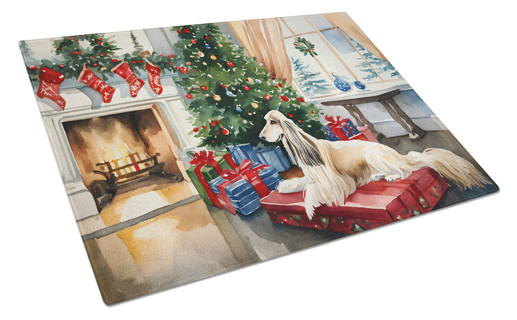 Afghan Hound Cozy Christmas Cutting Board Tempered Glass Kitchen Cutting Surface, Heat Resistant Chopping, Non-Slip Feet, Food Prep & Serving