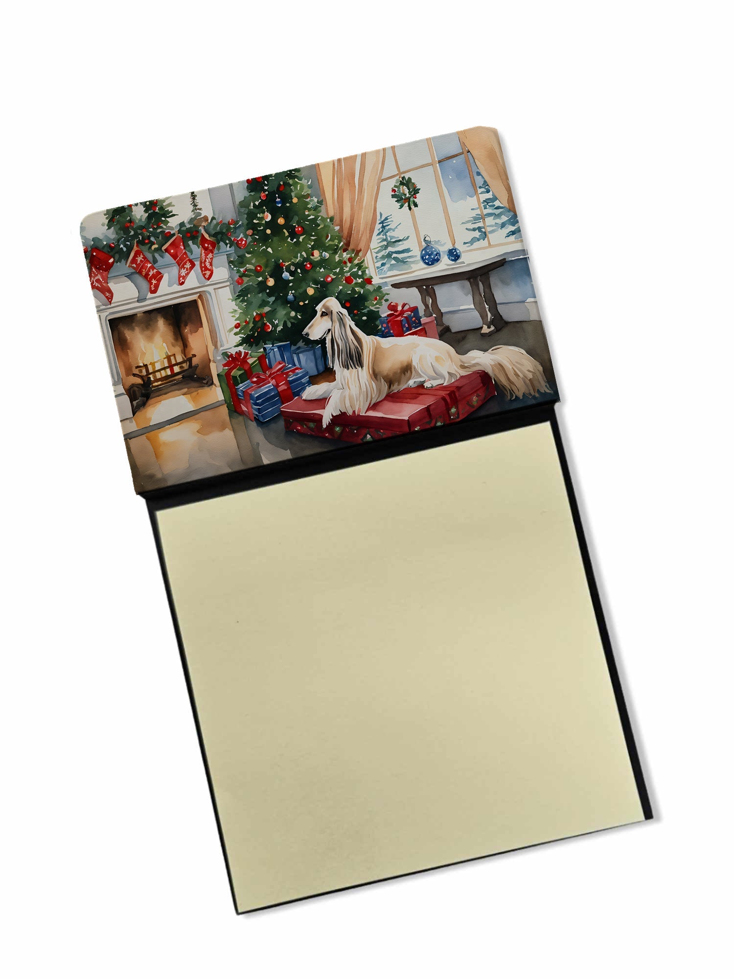 Afghan Hound Cozy Christmas Watercolor Sticky Note Holder Refillable Dispenser Desk Accessory 3x3 Pad Gift