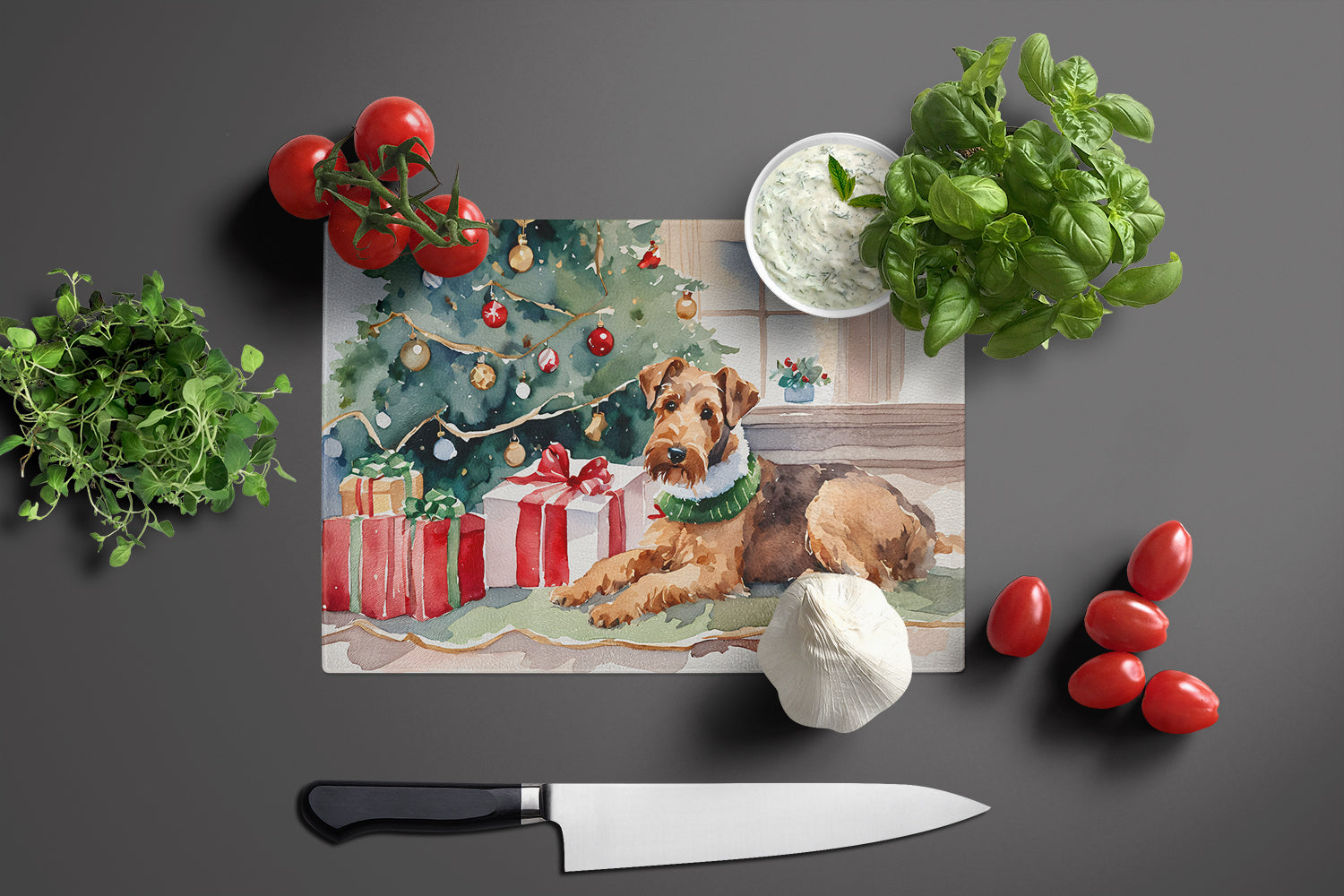 Airedale Terrier Cozy Christmas Cutting Board Tempered Glass Kitchen Cutting Surface, Heat Resistant Chopping, Non-Slip Feet, Food Prep & Serving
